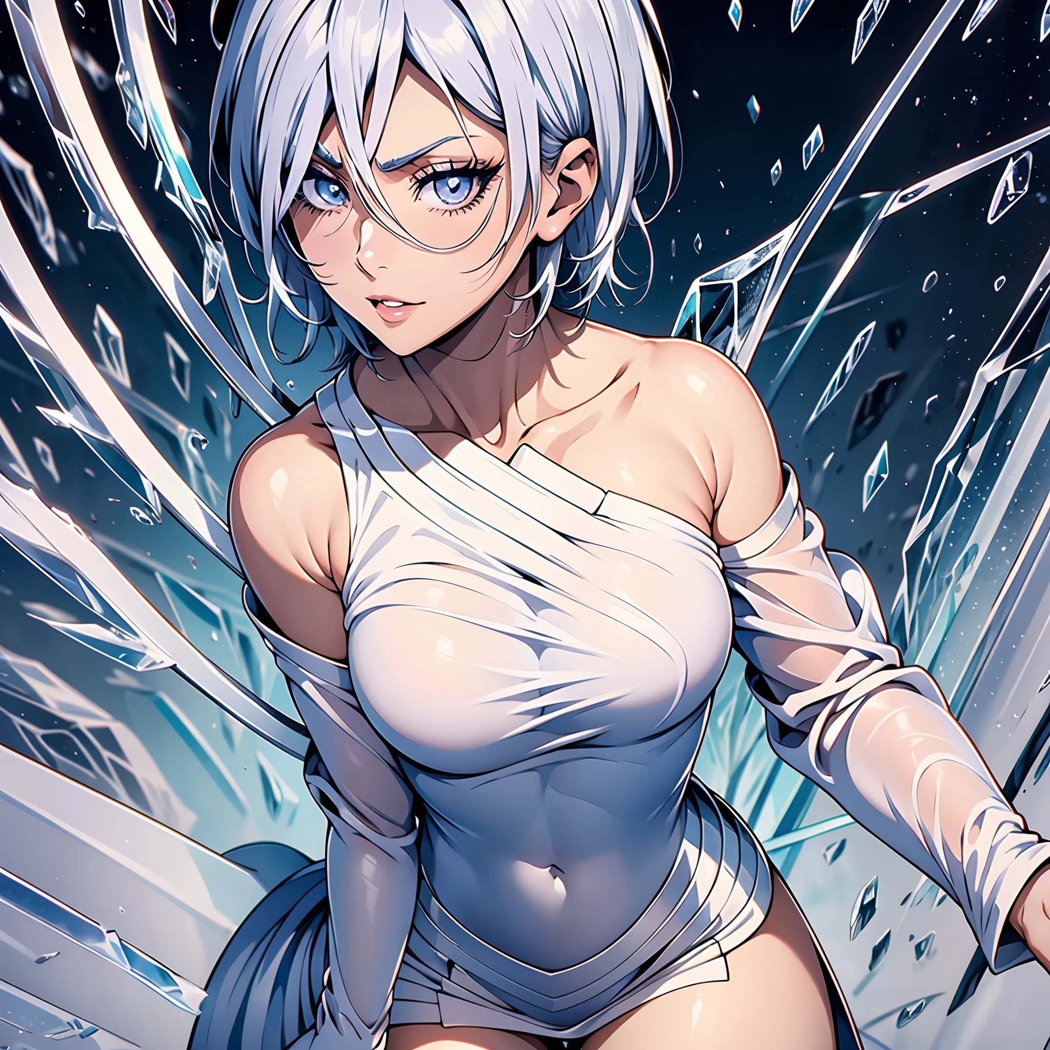 ((top-quality)), ((masterpiece)), ((ultra-detailliert)),(8k wallpaper:1.2),(Ultra-high resolution:1.2),(masterpiece:1.1),wallpaper,High quality,(High detail),(absurdres, highres, ultra detailed),( best quality:1.2),1 girl,short hair,rukia,(white eyelashes and hair:1.2),(((white hair))), wearing a white dress,sfw, holding a white sword, surroundings frozen by ice,ice forming around her, absolutely stunning art, extremely detailed, highest quality digital art