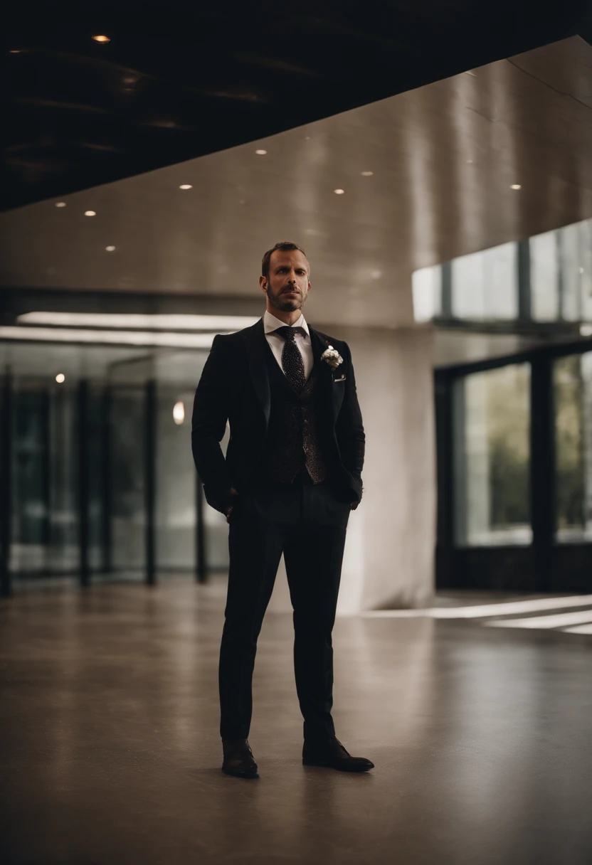 Cinematic photo, wide angle, of a handsom man, tall and fit, 40 years old, shaven , short curly brown hair. dark brown tight velvet suit, with black flower patterns. Minimalistic background, clean composition, strong details, Muted Colours, Hasselblad --style raw