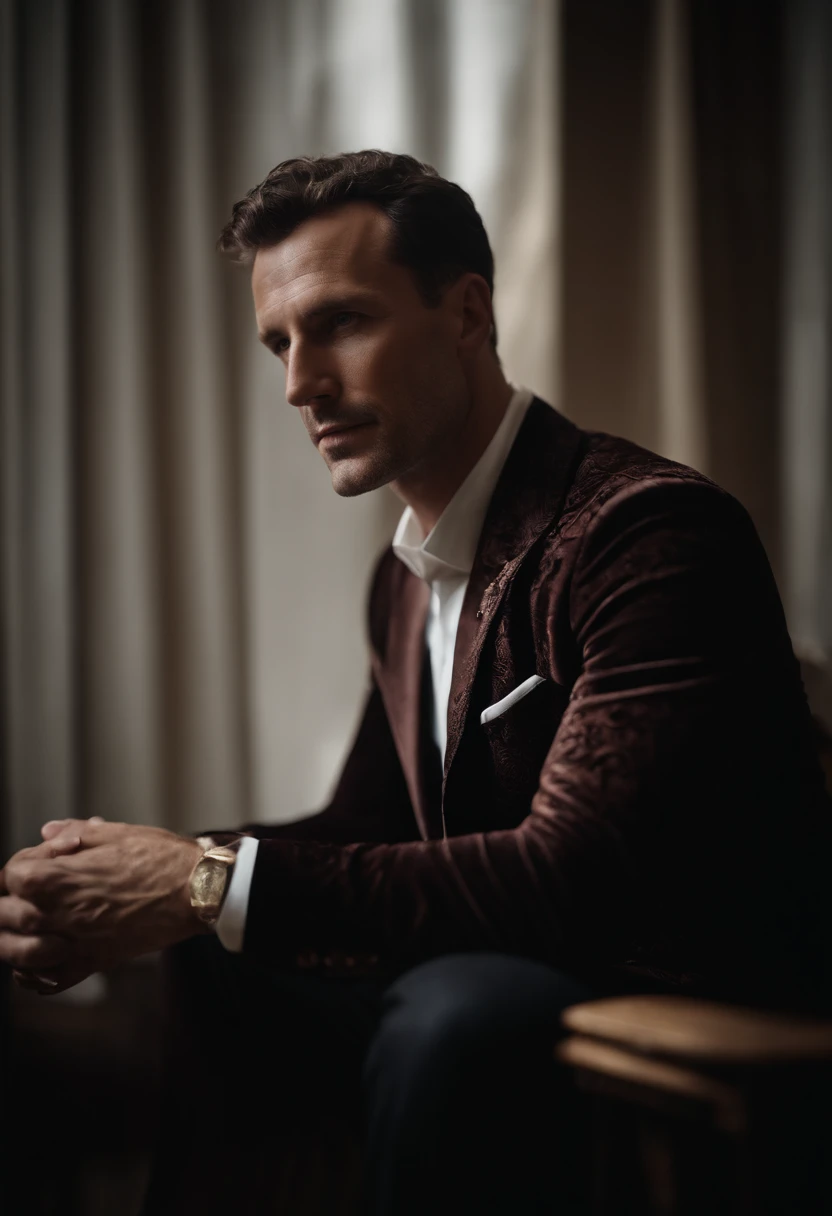 Cinematic photo, wide angle, of a handsom man, tall and fit, 40 years old, shaven , short curly brown hair. dark brown tight velvet suit, with black flower patterns. Minimalistic background, clean composition, strong details, Muted Colours, Hasselblad --style raw