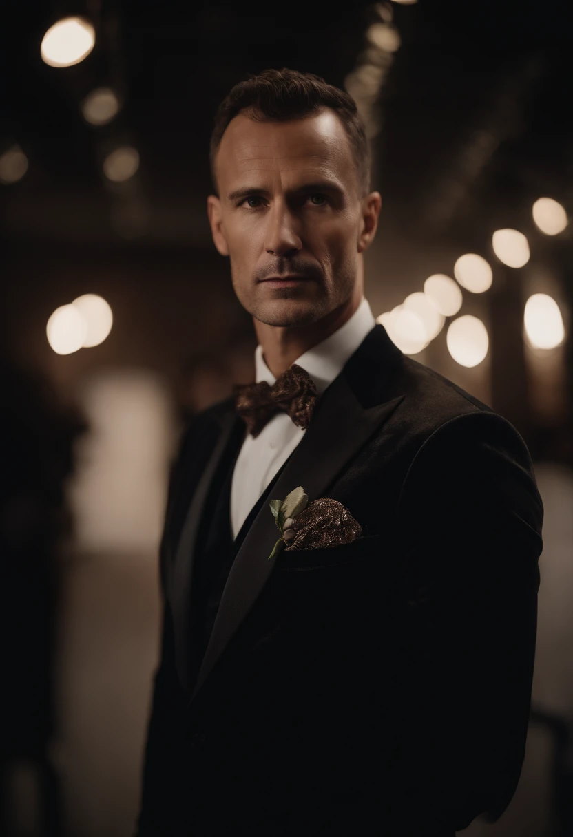Cinematic photo, wide angle, of a handsom man, tall and fit, 40 years old, shaven , short curly brown hair. dark brown tight velvet suit, with black flower patterns. Minimalistic background, clean composition, strong details, Muted Colours, Hasselblad --style raw