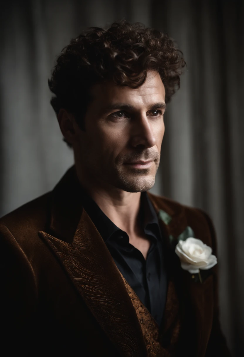 Cinematic photo, wide angle, of a handsom man, tall and fit, 40 years old, shaven , short curly brown hair. dark brown tight velvet suit, with black flower patterns. Minimalistic background, clean composition, strong details, Muted Colours, Hasselblad --style raw