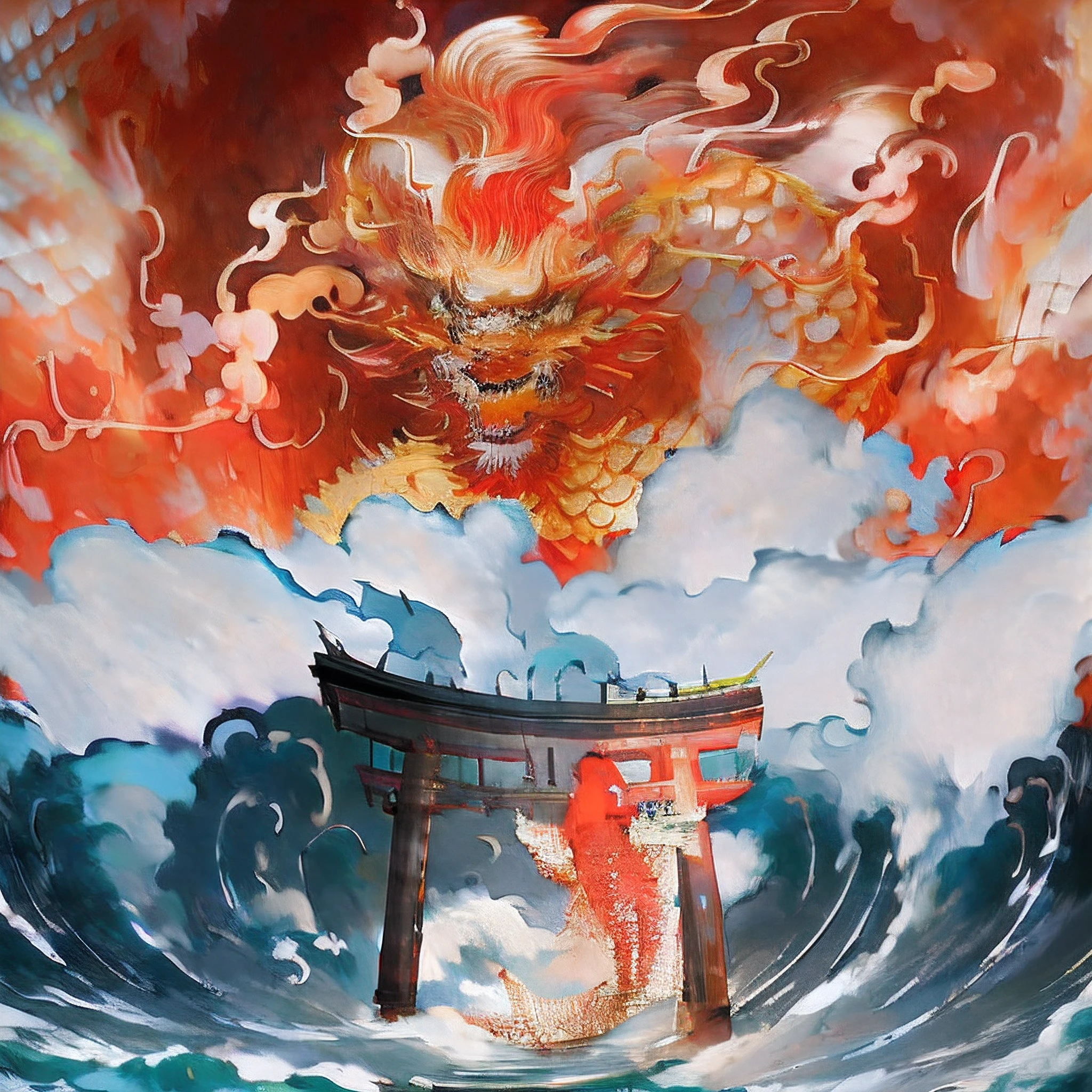 There is a photo of a dragon and a fish in the water, Chinese fantasy, sea serpent, colossal dragon as background, cyan chinese dragon fantasy, chinese dragons fighting, colossal dragon in background, majestic japanese dragon,The fish,Koi,carp, a dragon made of clouds, oil painting of dragon, Chinese mythology, Chinese Dragon,Koi,Torii,swell sea,Clouds,Jump red carp