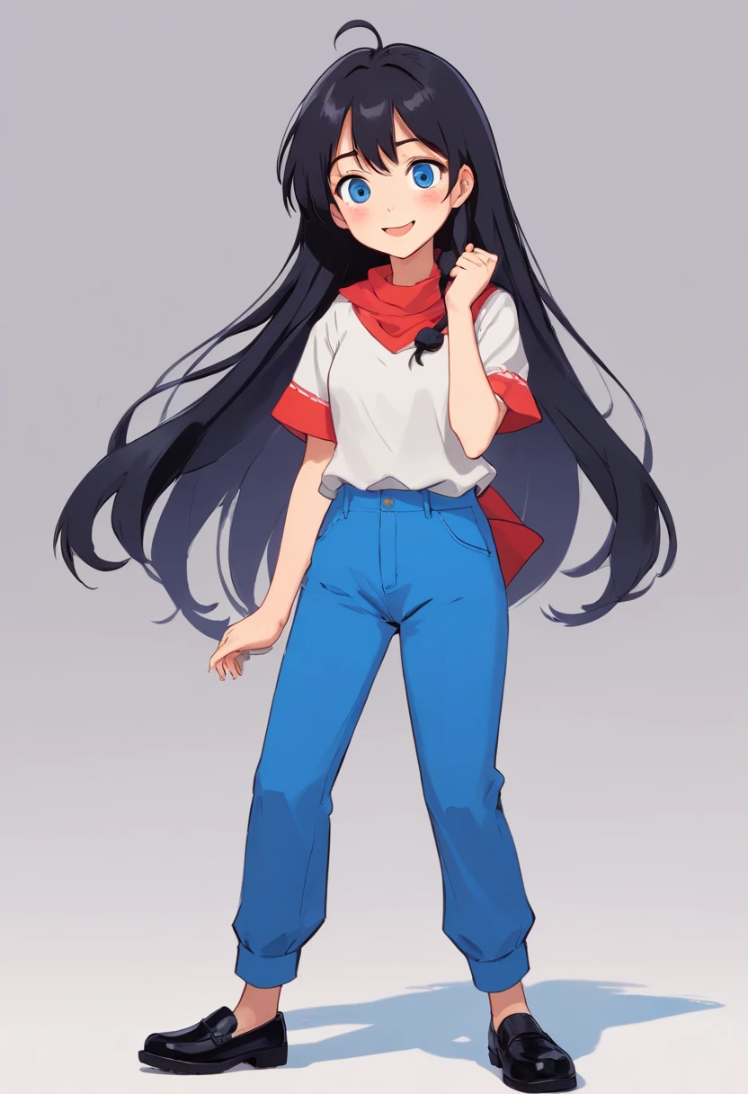 girl black long hair, 18 years blue eyes, style pixar, ((multiples expression and poses)), character sheet, in blue pants, black shoes, red bluse, character dynamic, pose, full body,laughing face, character design sheet.