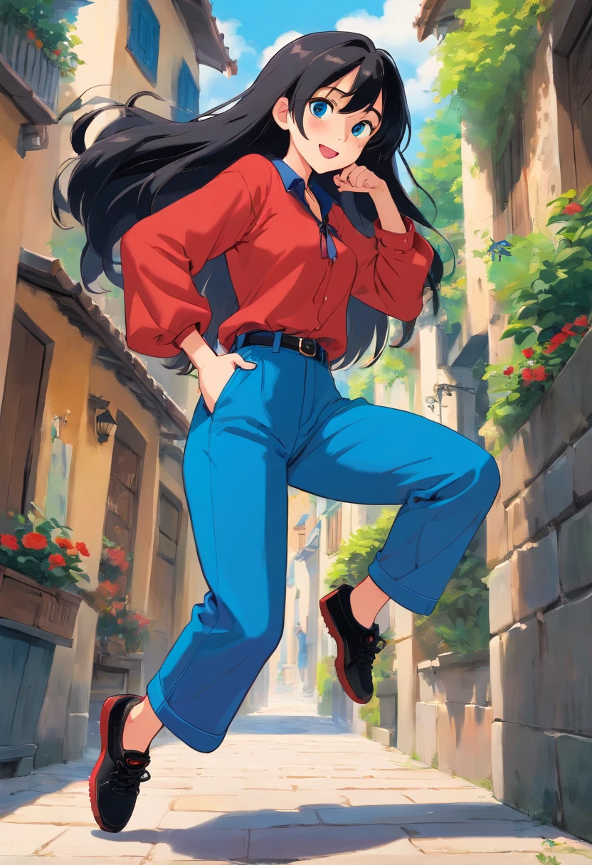 girl black long hair, 18 years blue eyes, style pixar, ((multiples expression and poses)), character sheet, in blue pants, black shoes, red bluse, character dynamic, pose, full body,laughing face, character design sheet.