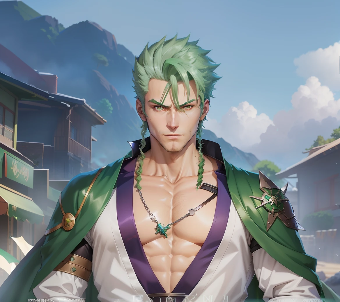 anime character with green hair and green cape holding a sword, handsome guy in demon slayer art, badass anime 8 k, joe biden as a jojo character, range murata and artgerm, roronoa zoro, fighting game character, male anime character, official art, official character art, key anime art, detailed anime character art, okabe rintarou