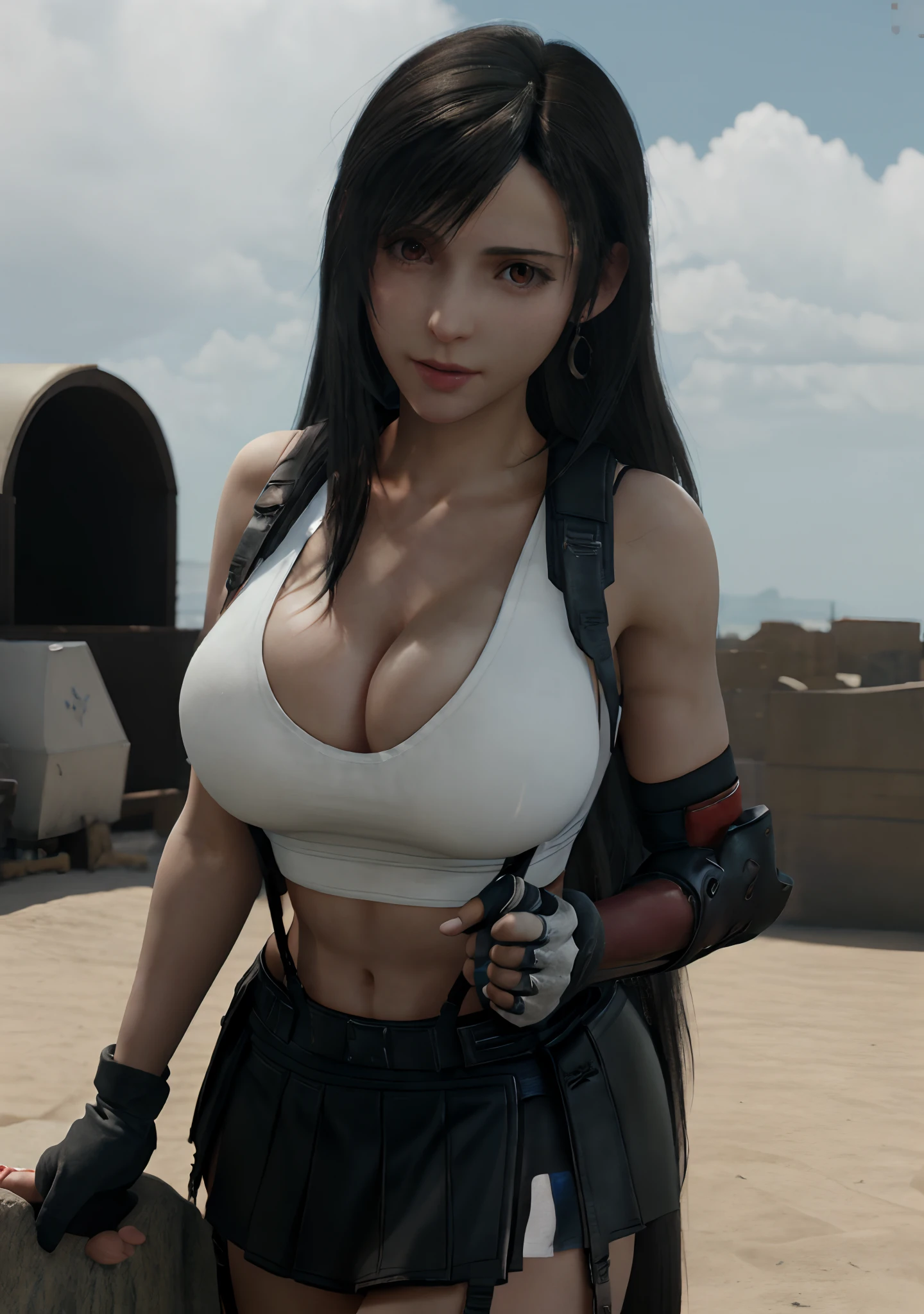 a selfie of tifa lockhart, taken with iphone camera, long black hair, hair bangs, red eyes, earrings, cleavage, large breasts, white tank top, black miniskirt, suspenders, gloves,