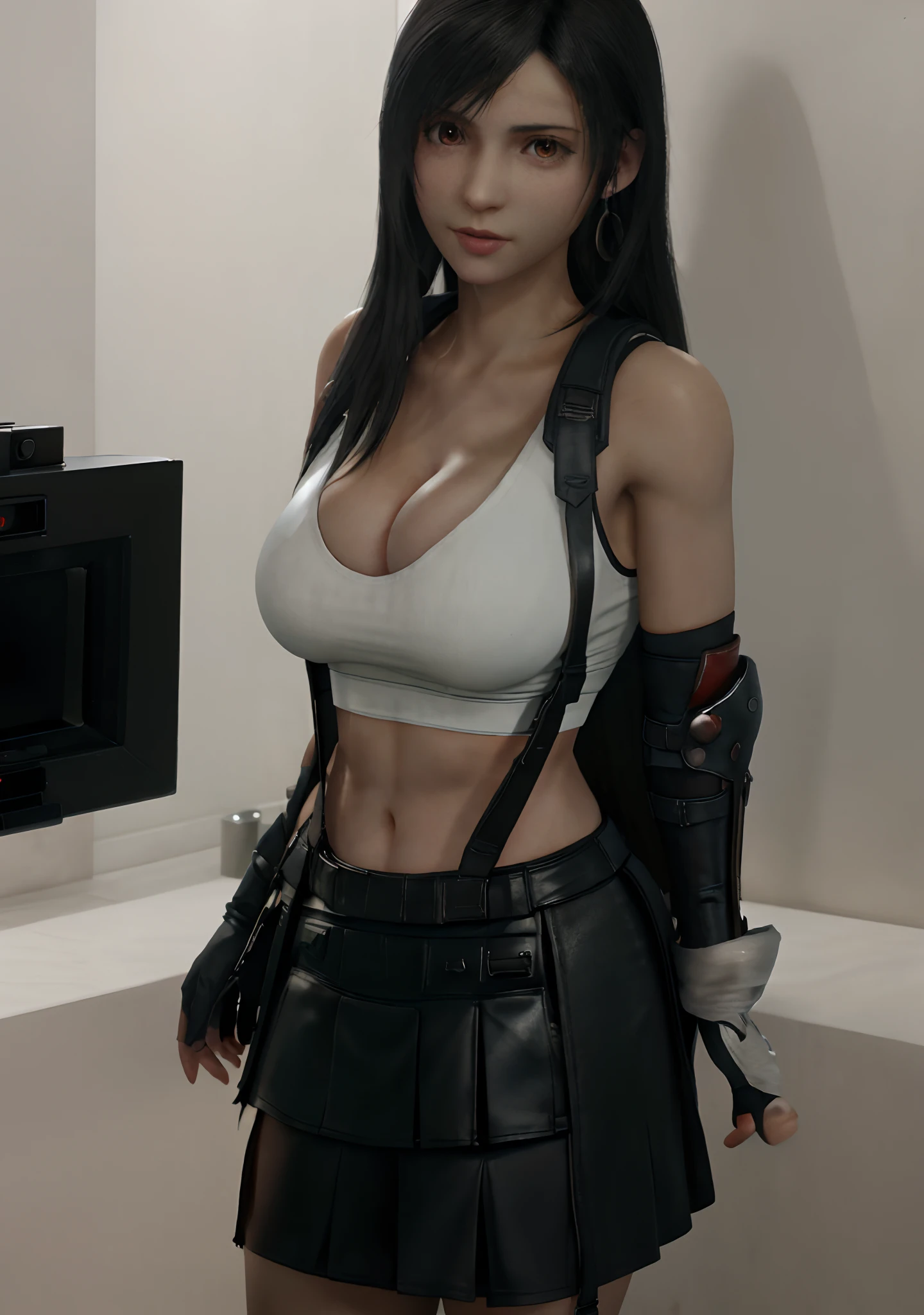 a selfie of tifa lockhart, taken with iphone camera, long black hair, hair bangs, red eyes, earrings, cleavage, large breasts, white tank top, black miniskirt, suspenders, gloves,