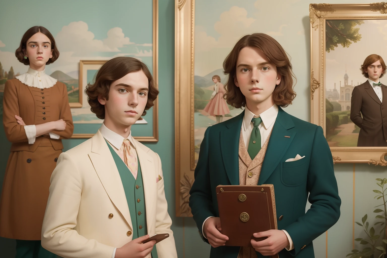 Capture a delightful fusion of Pre-Raphaelite elegance and Wes Anderson's eccentricity: a teenage boy in vintage attire, discovering a peculiar, meticulously arranged art gallery filled with pastel-hued, larger-than-life sculptures.