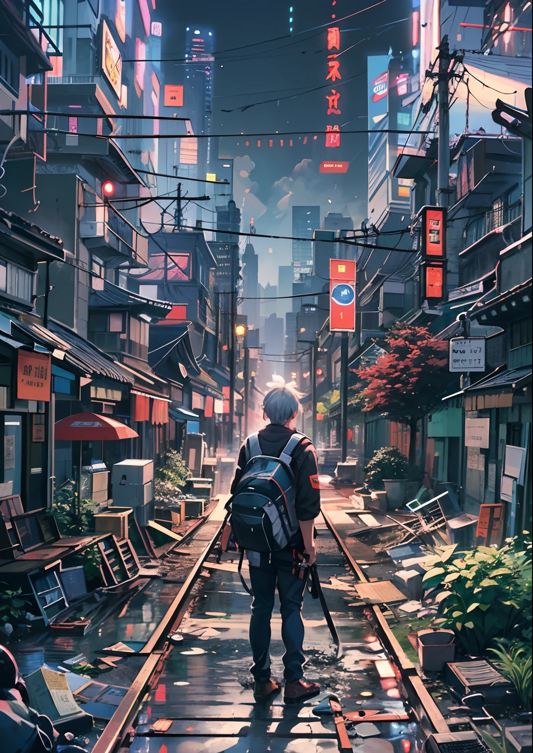 1boy,Man's ,Cyberpunk Boy、katanas,machine gun、Cat's ears、silber hair、poneyTail、Whole body bloody、The beginning of the adventure、Into the cloud、contrail、Chaotic city of the future、ruined and devastated city、Very complex Japan buildings、railroad crossing、Trees、Warm lighting、puddles、Chaotic landscape、Beautiful and fantastic scenery、Cinematic scenery、hightquality、masutepiece,8K、hight resolution、ultra-detailliert,