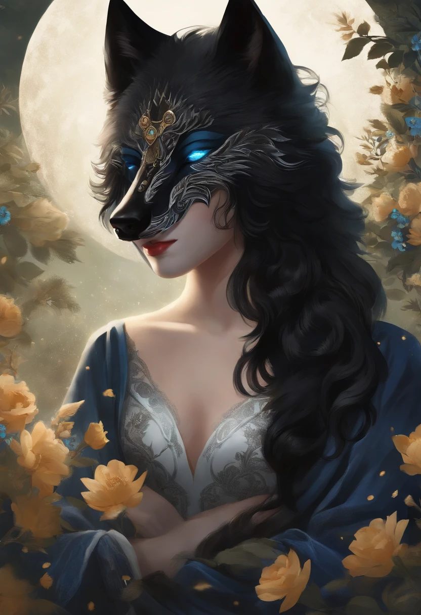 best quality, furry, anthropomorphic wolf, female appearance, has dark fur around her body with a blank white wolf mask over her face, has a scarred appearance, has all black fur, bright blue eyes, long flowing black hair, wearing elegant 12th-century clothing with floral patterns, and tear-running down her mask from crying while staring at the moon in the middle of a field. anime art style