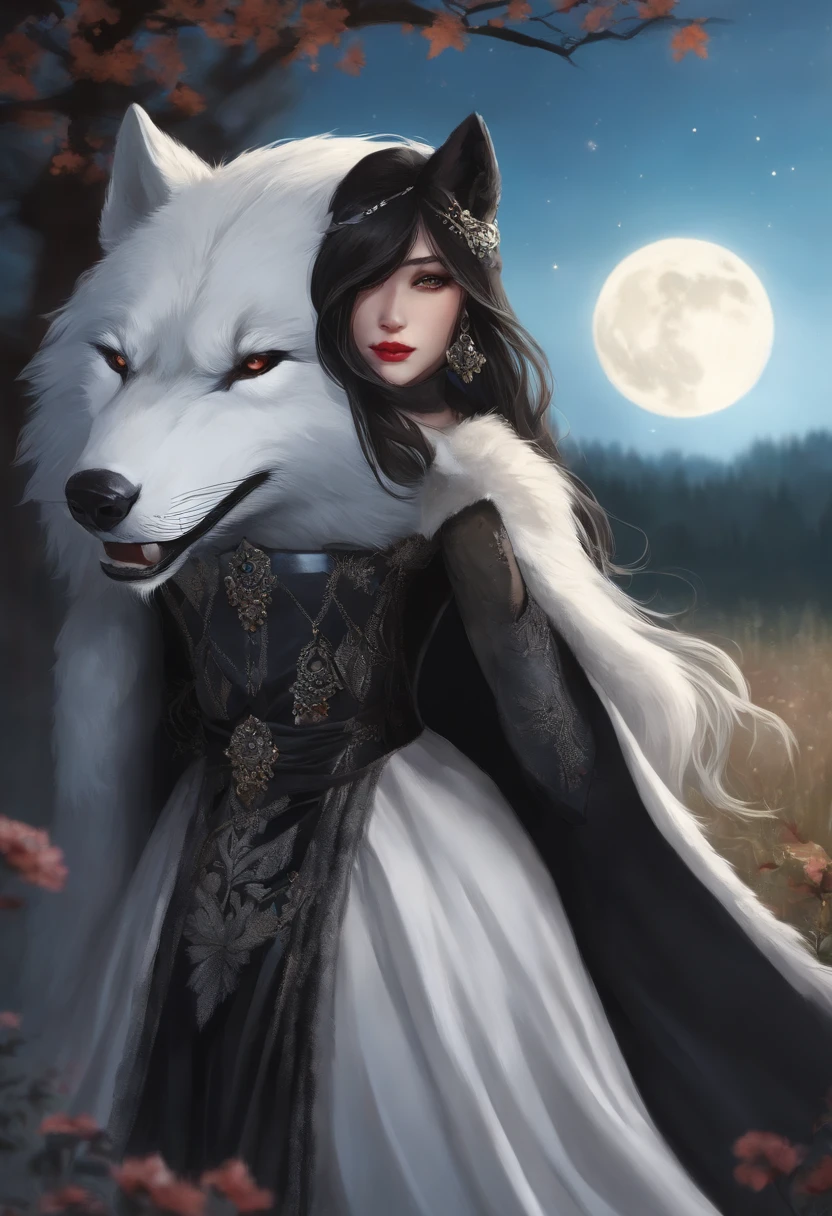 best quality, furry, anthropomorphic wolf, female appearance, has dark fur around her body with a blank white wolf mask over her face, has a scarred appearance, has all black fur, bright blue eyes, long flowing black hair, wearing elegant 12th-century clothing with floral patterns, and tear-running down her mask from crying while staring at the moon in the middle of a field. anime art style