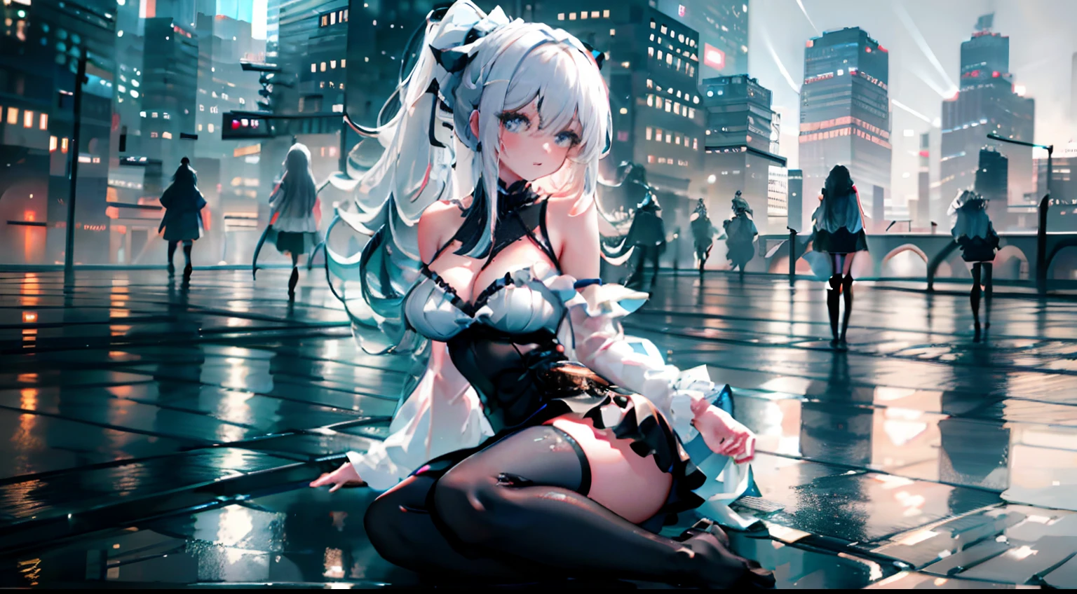 heavy rain,Under water,grabbing the breasts,Official fine art,tmasterpiece,,Nice high ponytail hairstyle,Delicate and beautiful eyes and face,realisticlying,ultra - detailed,a beauty girl,blue-sky,scenecy,Long straight hair, sexy facial expression, buliding, (Cityscape:1.7), Dynamic hair, , , paleskin, hair adornments, epic landscapes,deep in the night,Masterpiece, Best quality,Bare shoulders, white thighhighs, Hair ribbon, Large breasts,black long socks