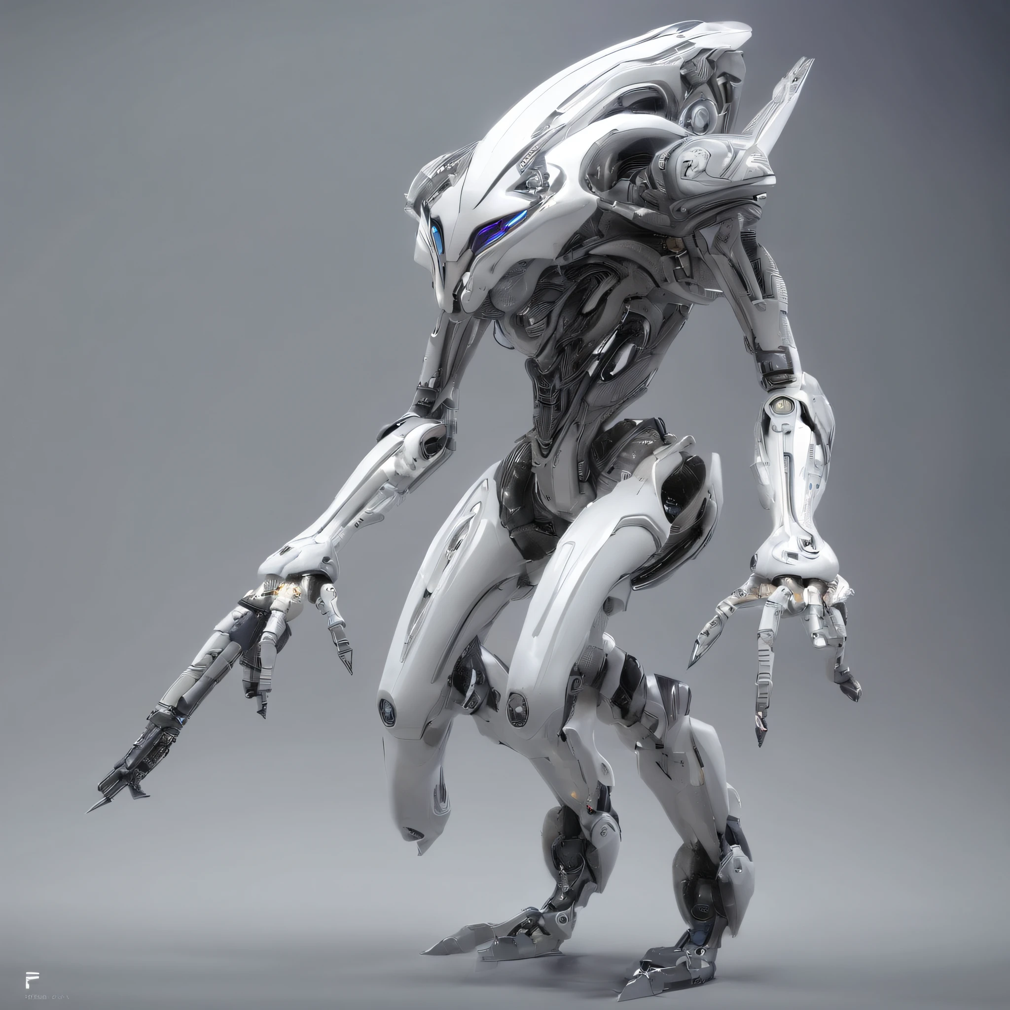 An alien，full body，Humanoid，mechs，(Wearing a white zirconium dioxide ceramic surface mech:1.5)，(((Hard surface properties)))，(((streamlined line design)))，It has refined features in a sci-fi environment,with light glowing, Sparks and lights, best qualtiy，tmasterpiece，Photorealsitic, Highly detailed, iintricate，unreal 5 render，