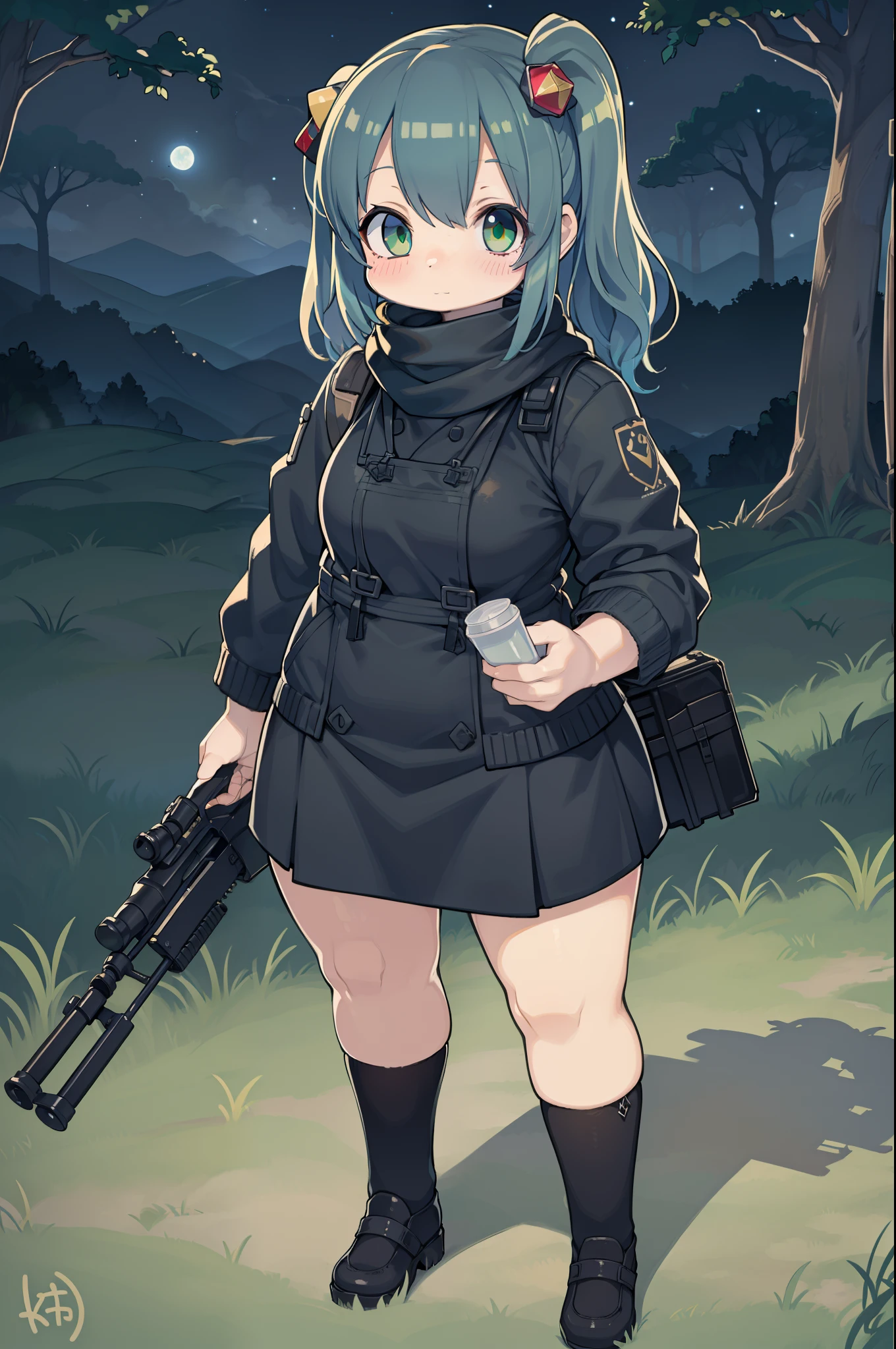 Giant Sniper Rifle、Long sideburns、Anime-style girl with beautiful whole body, Little Girl,clean detailed faces, ciber,analogous colors, Glowing shadows, beautiful gradients, depth of fields, CLEAN IMAGE, High quality,Black Parker Clothing、 high detailing, High Definition, blush, Fit, Heavenly Beauty, Very detailed, Soft lighting, Full body,Green＆Black hair,Green eyes、
