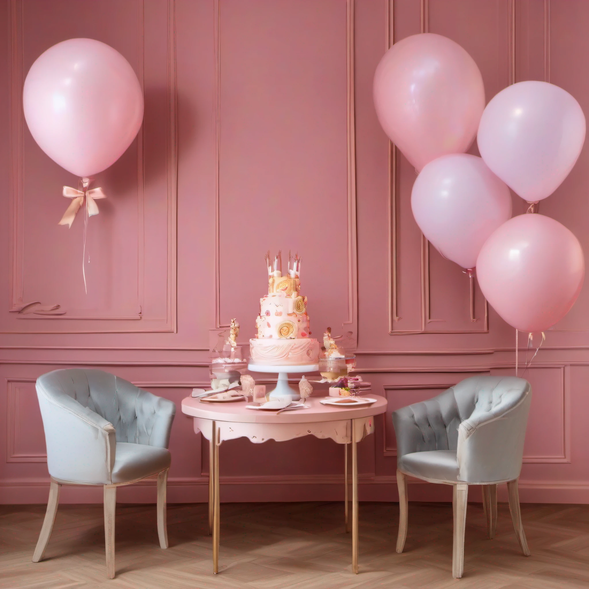 liveroom,Birthday party,Birthday cake on the table,fairytale-like,adolable,Pink wall,balloons