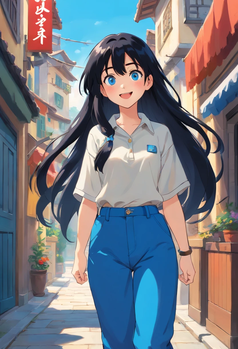 girl black long hair, 18 years blue eyes, style pixar, multiples expression and poses, character sheet, in blue pants, black shoes, character dynamic, pose, full body,laughing face, character design sheet.