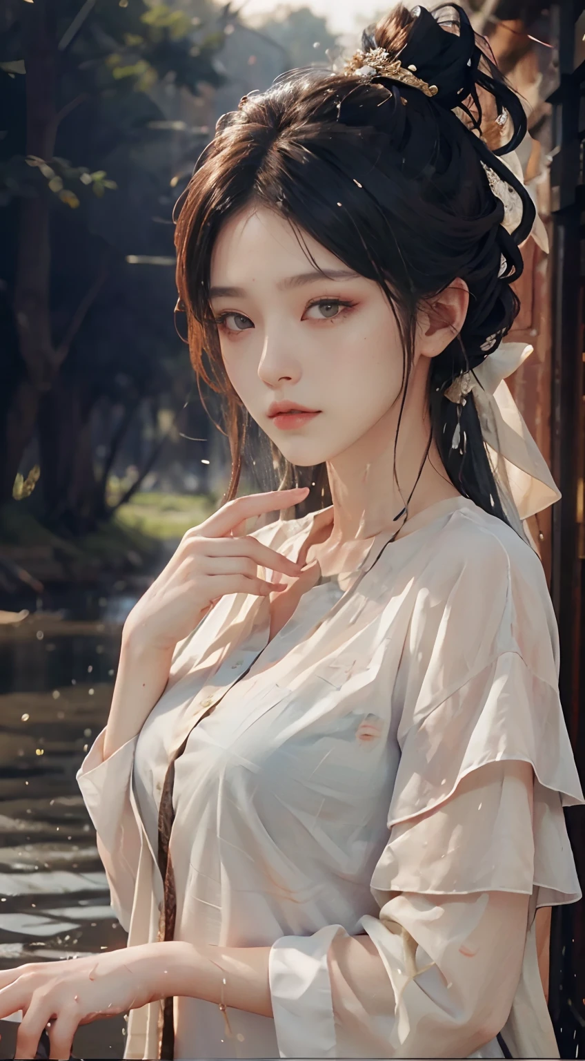 ((Best Quality, 8K, Masterpiece: 1.3)), Sharp: 1.2, Perfect Body Beauty: 1.4, Slim Abs: 1.2, ((Layered Hairstyle, Big Breasts: 1.2)), (Wet White Button Long Shirt: 1.1), (Rain) (In the River), Wet: 1.5, Highly detailed face and skin texture, detailed eyes, double eyelids, side face looking at the camera