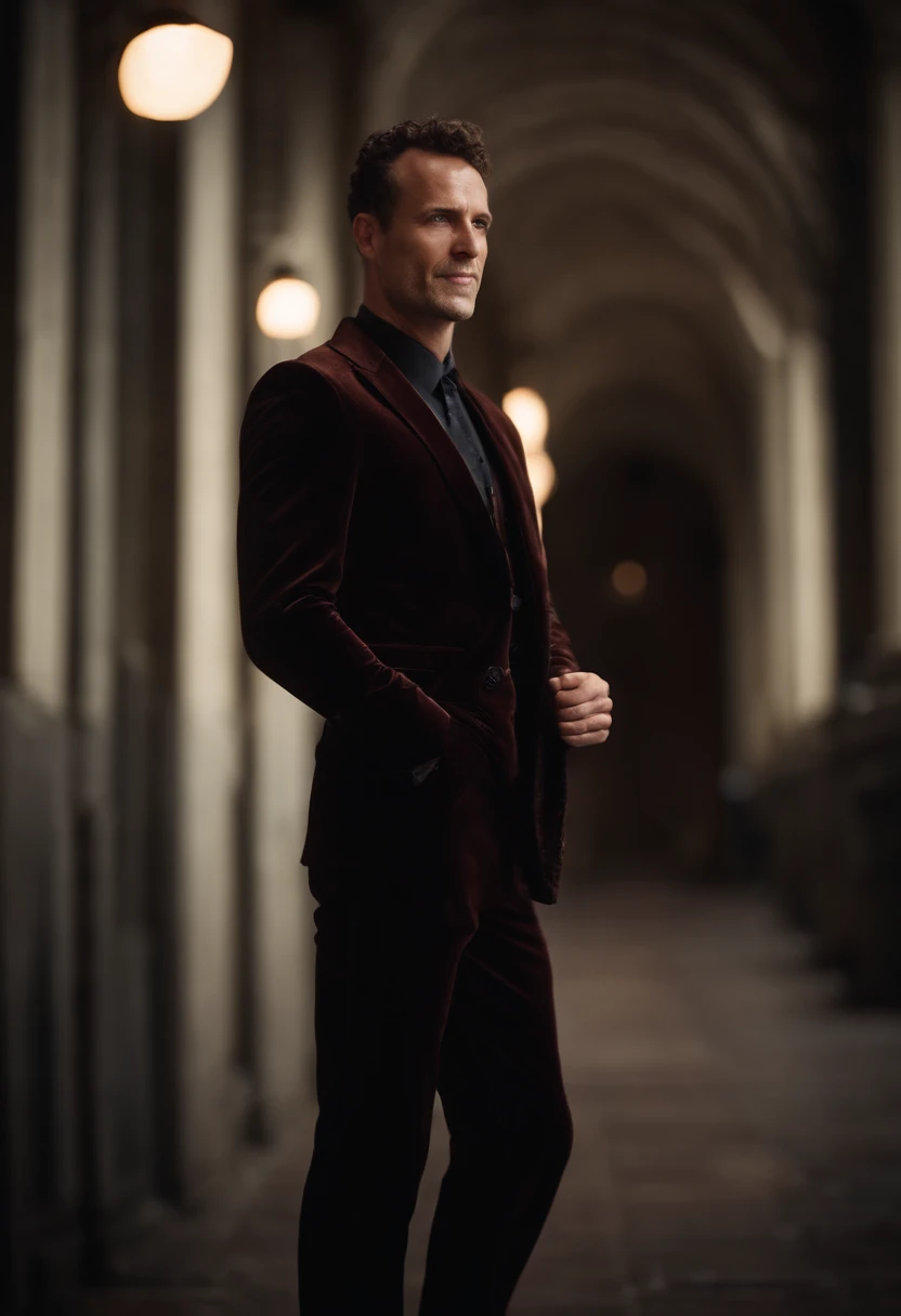 Cinematic photo, wide angle, of a handsom man, tall and fit, 40 years old, shaven , short curly brown hair. dark brown tight velvet suit, the jacket has black flower patterns. Minimalistic background, clean composition, strong details, Muted Colours, Hasselblad --style raw