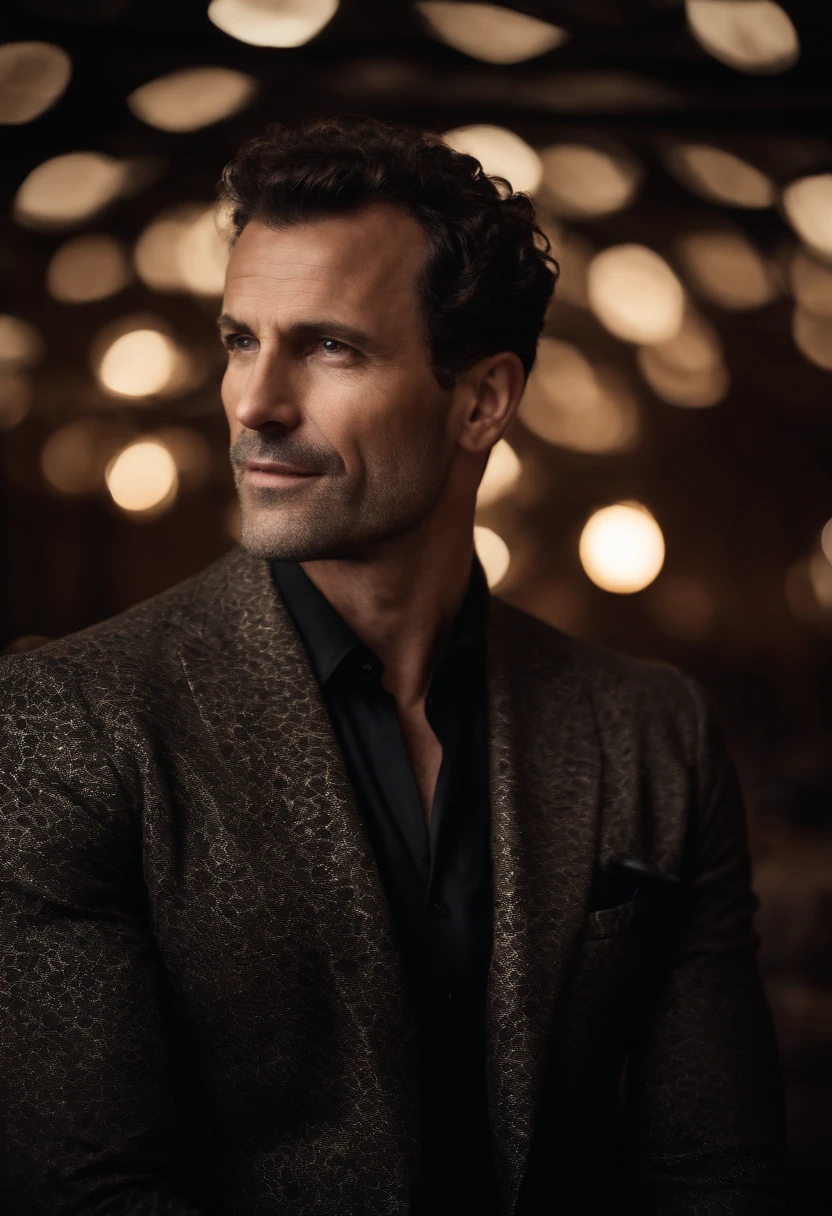 Cinematic photo, wide angle, of a handsom man, tall and fit, 40 years old, shaven , short curly brown hair. dark brown tight velvet suit, the jacket has black flower patterns. Minimalistic background, clean composition, strong details, Muted Colours, Hasselblad --style raw