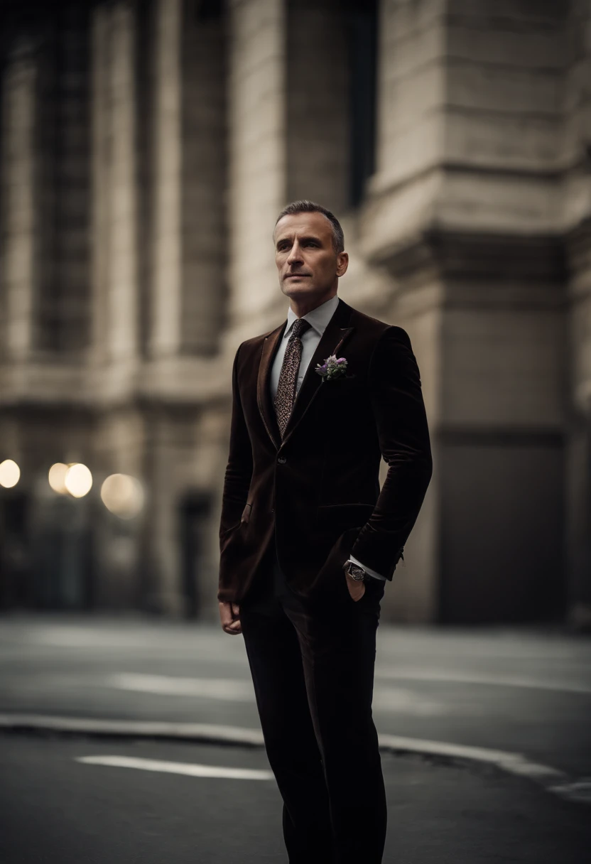 Cinematic photo, wide angle, of a handsom man, tall and fit, 40 years old, shaven , short curly brown hair. dark brown tight velvet suit, the jacket has black flower patterns. Minimalistic background, clean composition, strong details, Muted Colours, Hasselblad --style raw