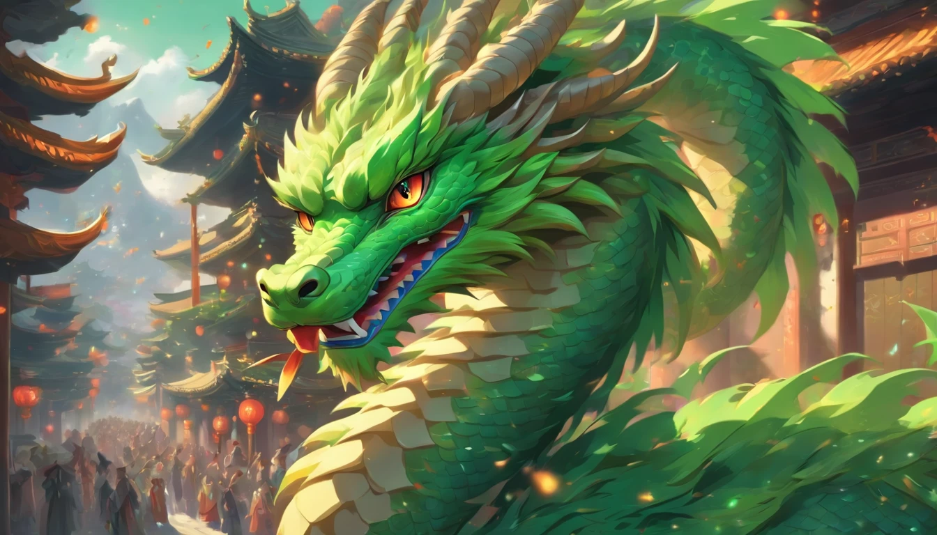 Zodiac dragons ,Green Chinese dragon ,Big eyes, Wear festive attire, Standing on the side of the street, Ancient style, Artistic touch,Snes painting
