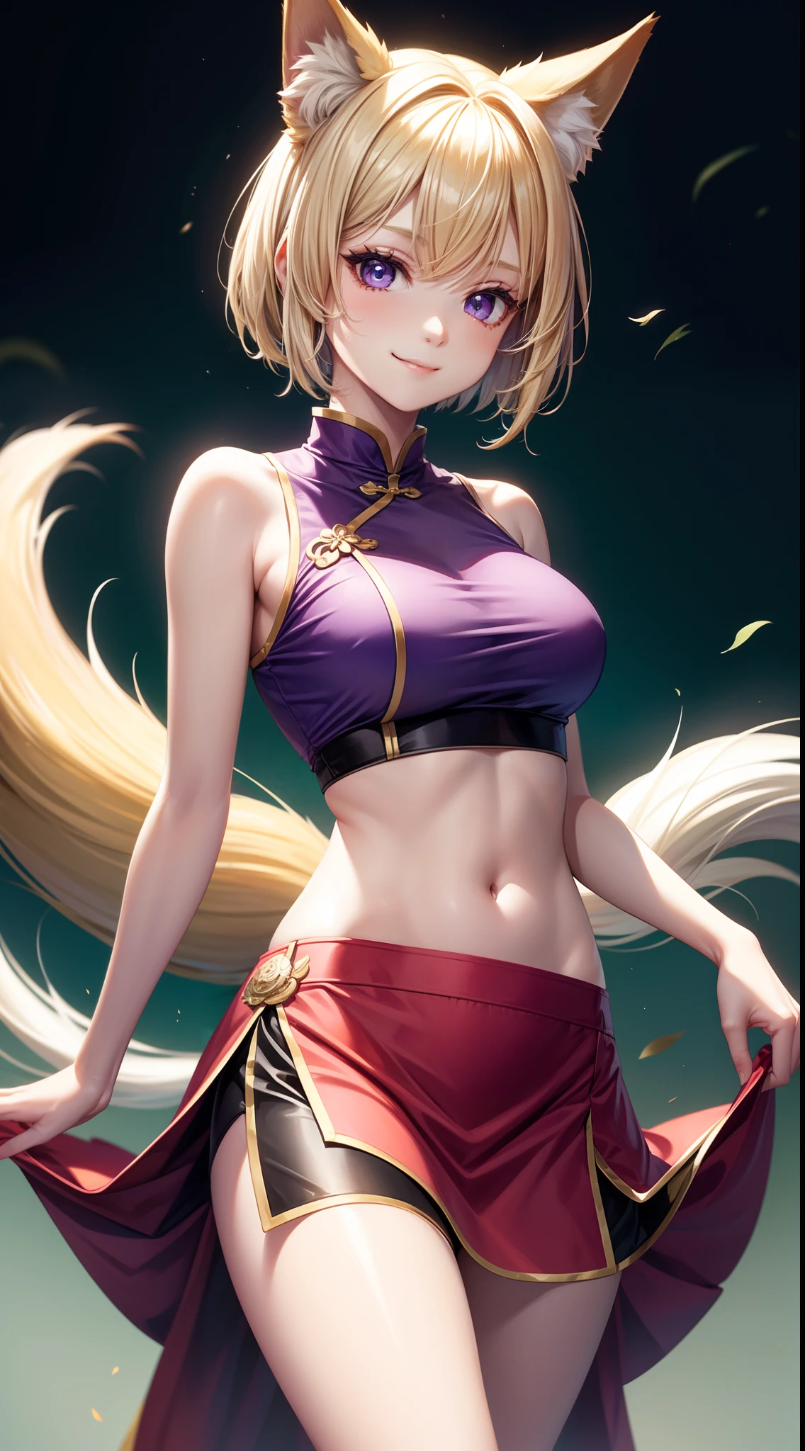 young girl, short blonde hair, Fox ears, violet eyes, long chinese skirt, Green Chinese tight top, open belly, smirk, Masterpiece, hiquality