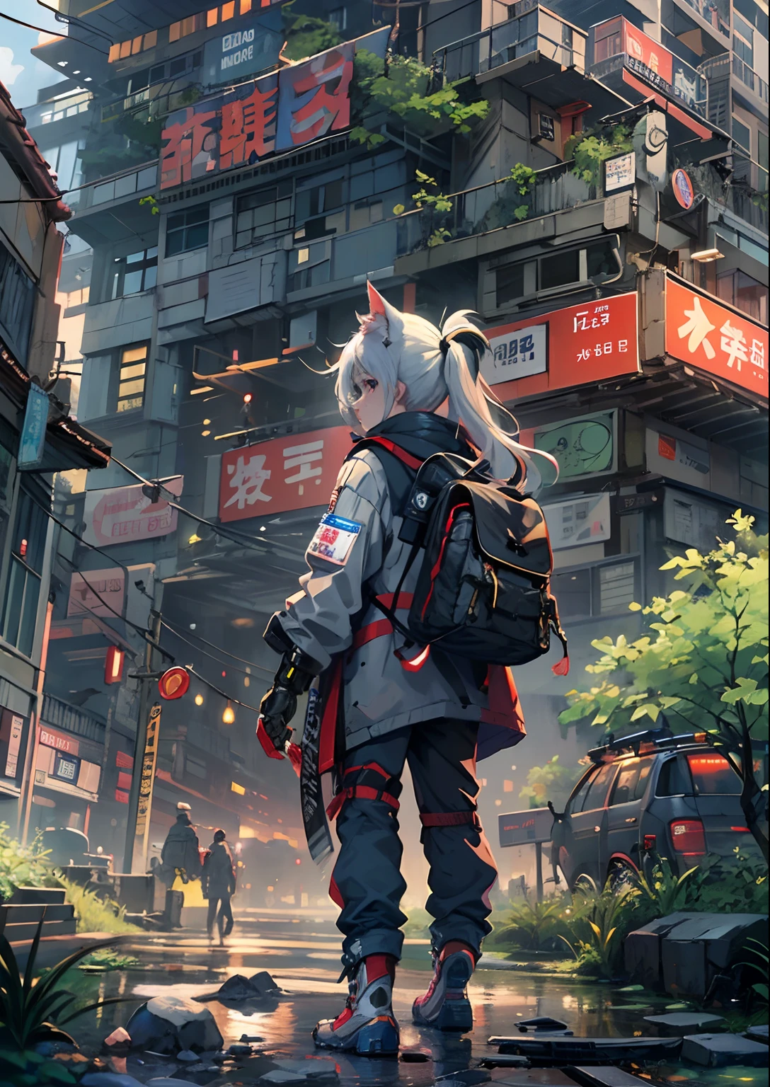 1boy,Man's ,Cyberpunk Boy、katanas,machine gun、Cat's ears、silber hair、poneyTail、Whole body bloody、The beginning of the adventure、Into the cloud、contrail、Chaotic city of the future、ruined and devastated city、Very complex Japan buildings、railroad crossing、Trees、Warm lighting、puddles、Chaotic landscape、Beautiful and fantastic scenery、Cinematic scenery、hightquality、masutepiece,8K、hight resolution、ultra-detailliert,