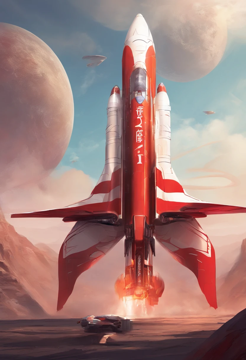 A red and white F1 car Chinese aerospace rocket F1 car co-branded F1 car surface has the words "China Aerospace" Clear font The background is a Chinese space rocket The surface of the rocket has the words "Feitian No. 1" The font is clear The overall atmosphere is majestic The font is clear