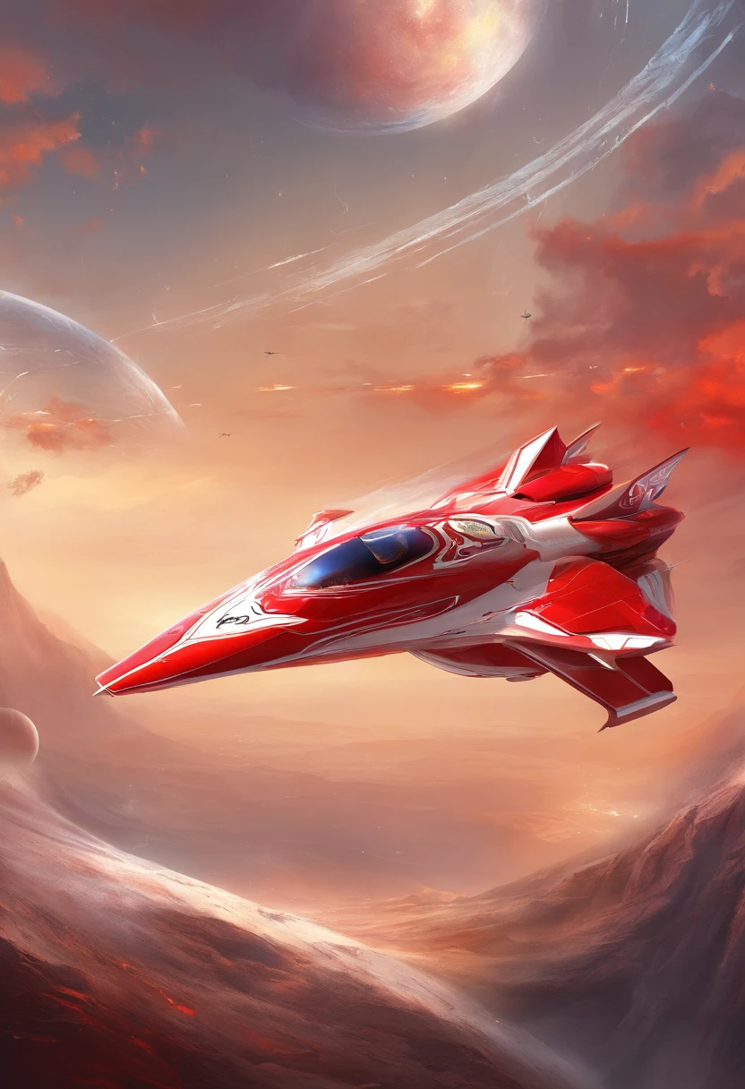A red and white F1 car Chinese aerospace rocket F1 car co-branded F1 car surface has the words "China Aerospace" Clear font The background is a Chinese space rocket The surface of the rocket has the words "Feitian No. 1" The font is clear The overall atmosphere is majestic The font is clear