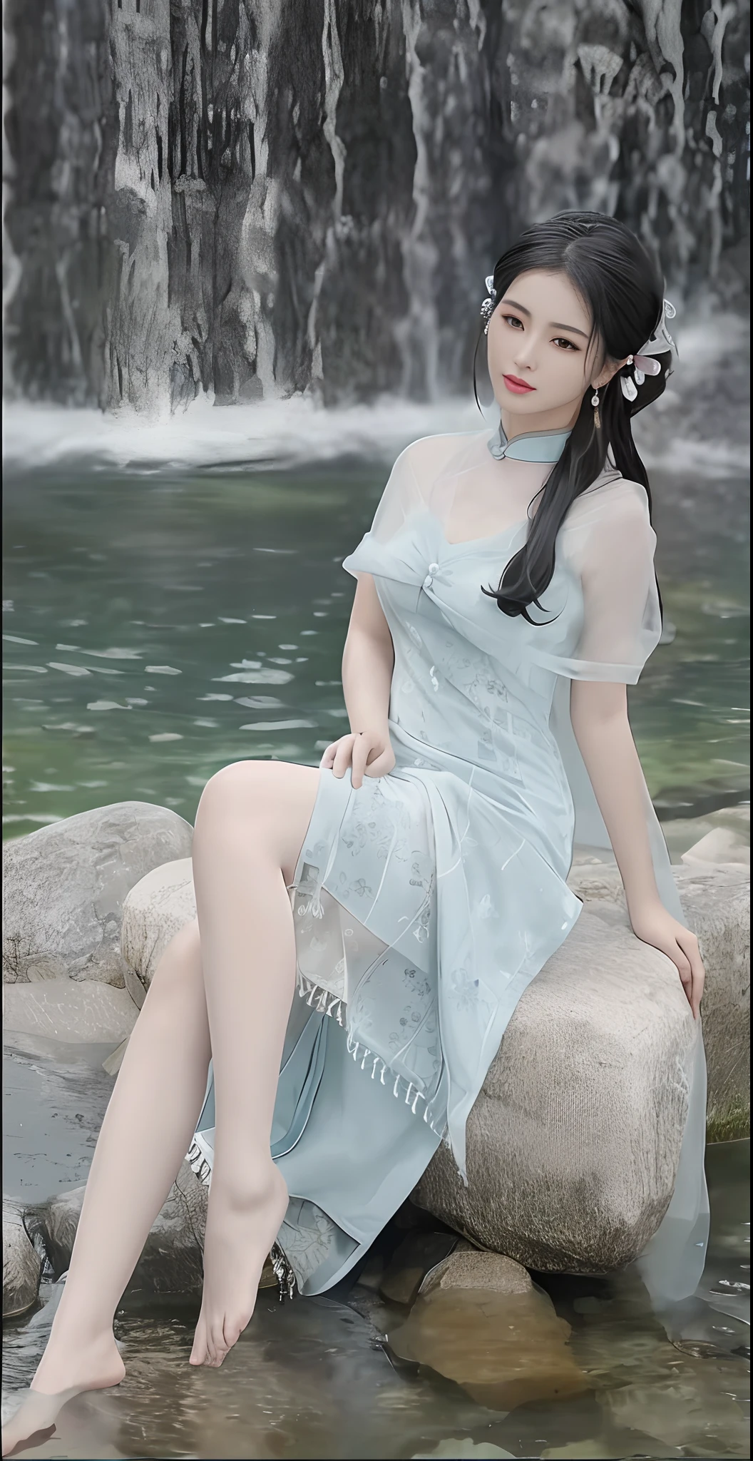 ((4k,masterpiece,best quality)), shuimobysim, traditional chinese ink painting, lotus, hanfu, maxiskit, dress conservatively
1girl, solo, long blue hair, smile, standing, feet in the water, barefoot,