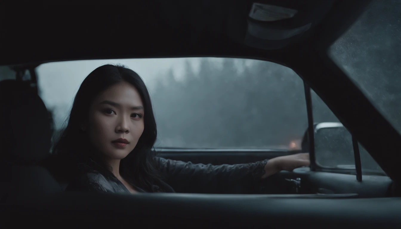 scary ghostly asian woman in white, black hair, sitting in backseat, seen through rearview mirror. night time, taxi driver, interior,backlit, slate atmosphere, cinematic, dimmed colors, dark shot, muted colors, film grain, lut, spooky, fog, (oil painting)1.5, (amy sol)0.248, (stanley artgerm lau)0.106, (a detailed painting)0.353, (gothic art)0.106