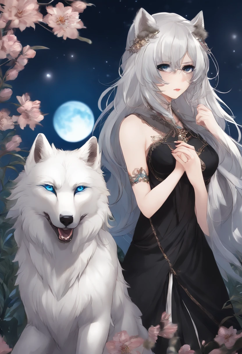 best quality, furry, anthropomorphic wolf, female appearance, has dark fur around her body, is wearing a blank white wolf mask over her canine-like face, has a scarred appearance, has all black fur, bright blue eyes, long flowing black hair, wearing elegant 12th-century clothing with floral patterns, and tear-running down her mask from crying while staring at the moon in the middle of a field. anime art style
