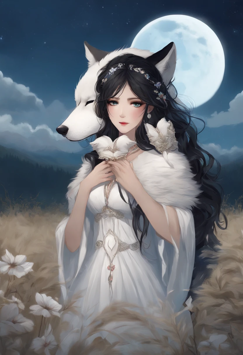 best quality, furry, anthropomorphic wolf, female appearance, has dark fur around her body, is wearing a blank white wolf mask over her canine-like face, has a scarred appearance, has all black fur, bright blue eyes, long flowing black hair, wearing elegant 12th-century clothing with floral patterns, and tear-running down her mask from crying while staring at the moon in the middle of a field. anime art style