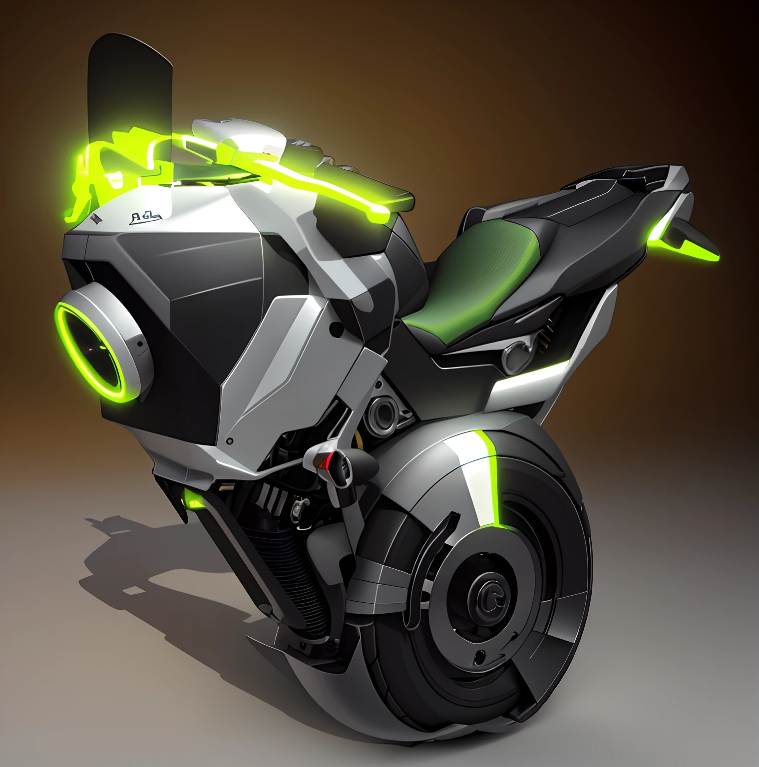 Close-up of a motorcycle with a yellow and green design, cycle render, Futuristic motorcycle, 3 d render n - 9, 3 d render of jerma 9 8 5, anime art vehicle concept art, blueshift render, Come motorcycle concept art, futuristic vehicle, re engine render,  Ride high resolution rendering，sense of science and technology，Light sense，cyber punk perssonage，Cinematic texture