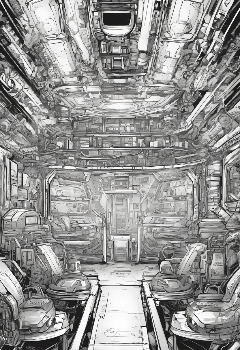 Mechanical background, Black and white color scheme, Inside the spaceship