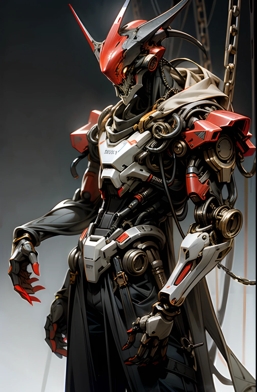 Dark_Fantasy,Cyberpunk,(chain saw,chain saw man,Red:1.1),1man,Mechanical marvel,Robotic presence,Cybernetic mecha guardian, Xenomorph head