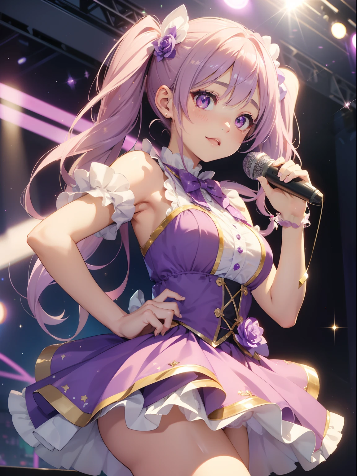masutepiece, High resolution, 8K, anime woman, Delicate and detailed writing 、Detailed digital illustration、(((Pigtails)))、((very long lilac hair))、Bangs、a very beautiful woman、Eyes are double, Large, Bust is an A cup、High image quality, High quality、Detailed background、(((Wearing idol clothes)))、((Glittering live stage backdrop))、The inside of the eye shines like a diamond、Gradient pupil、(((2 arms、4 fingers, 1 thumb)))、Detailed female face、Very beautiful and cute woman、、细致背景、​masterpiece、Soft Focus , Bright gradient watercolor , Lens Flare , (((Glitter))) , Glow , Dreamy , (((Holding the microphone in her hand)))、a miniskirt、Idol、Lilac ribbon、Very beautiful purple rose hair accessories、Purple and gold costume with white as the main color、((POV))、Open your mouth and laugh、Little woman