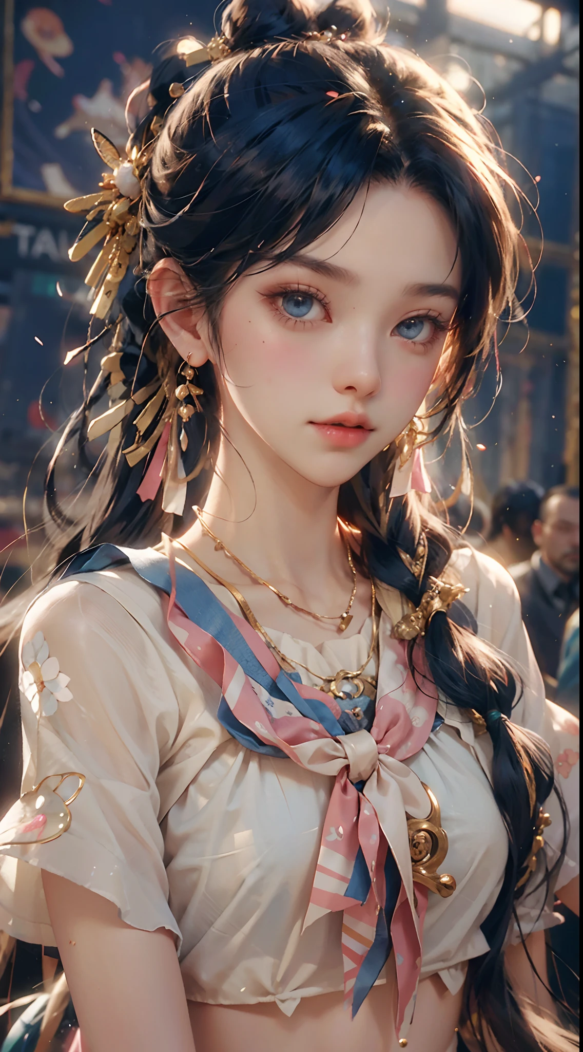 tmasterpiece，top Quority，（realisticlying，realisticlying：1.4），（RAW photos：1.2），Very delicate CG Unity 8K wallpaper，very delicate beautiful，Wonderful，Boxing pose，The attention to detail，offcial art，absurderes，Incredibly Ridiculous res，hugefilesize，Very fine，very refined，Beautiful eyes and face，Beautiful exquisite eyes，light in face，one-girl，pony tails，（pompons）nabel，A half body，PE uniform short sleeve crop top T-shirt，  Bare arms， By bangs，