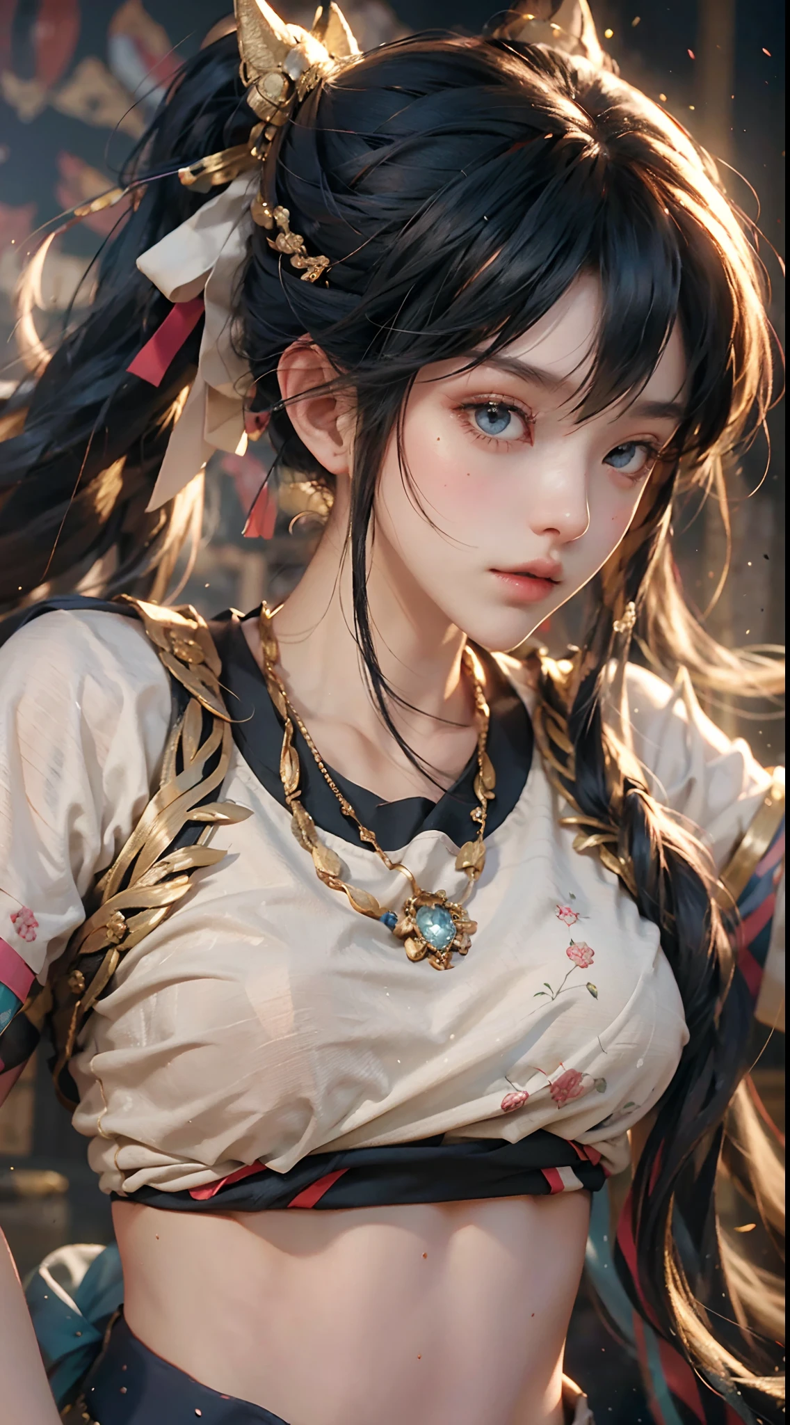 tmasterpiece,top Quority,(realisticlying,realisticlying:1.4),(RAW photos:1.2),Very delicate CG Unity 8K wallpaper,very delicate beautiful,Wonderful,Boxing pose,The attention to detail,offcial art,absurderes,Incredibly Ridiculous res,hugefilesize,Very fine,very refined,Beautiful eyes and face,Beautiful exquisite eyes,light in face,one-girl,pony tails,(pompons)nabel,A half body,PE uniform short sleeve crop top T-shirt, Bare arms, By bangs,