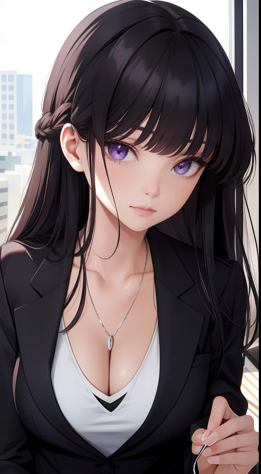(Best Quality:1.1), (masutepiece:1.2), High quality shadows, Beautiful detailed, Beautiful face, Detailed eyes, depth of fields, hight resolution, Best Shadow, Best Illumination, 1girll, view the viewer, Black hair, Blunt bangs, Long hair, Purple eyes, Shy, Large breasts, Miniskirt, Blouse, Blazer, pump, Office Lady, cleavage、In the office