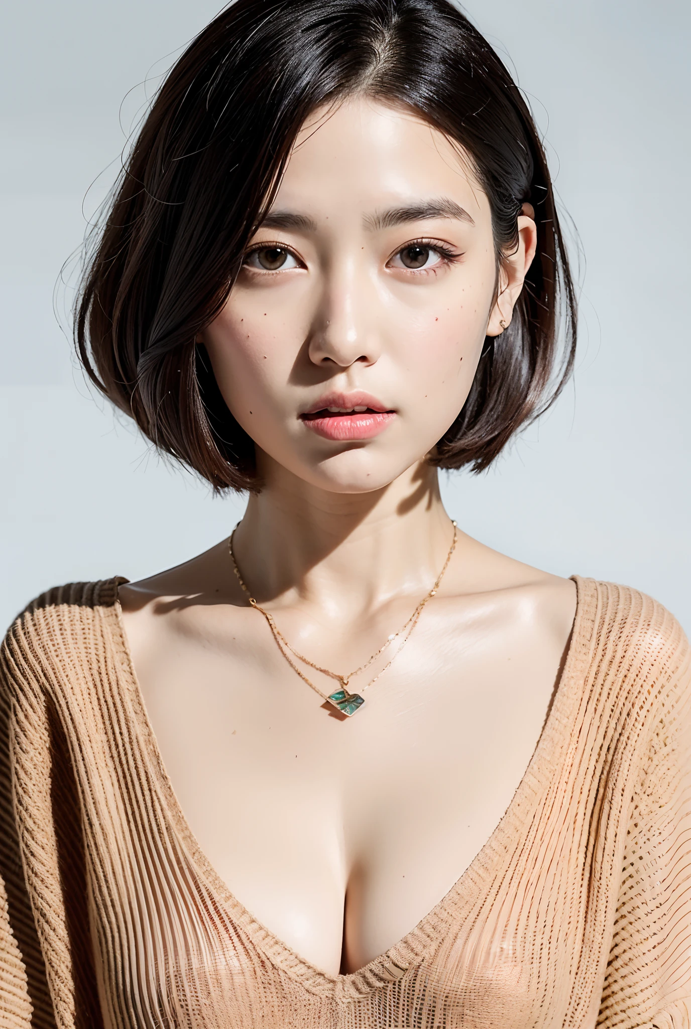 (Best quality, 8k, 32k, Masterpiece, UHD:1.2),Photo of Pretty Japanese woman, large breasts, very short bob hair,upper body,face focus,oversized_sweater, necklace, simple background, from above, looking at viewer,