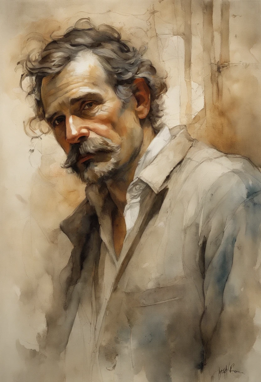 Um homem em vestes de paciente de hospital, white shirt without prints and blue cotton long pants, with a frightened look and arms in a defensive position. The image is inspired by films that portray psychiatric patients inside asylums. O homem deve ter um ar de surpresa e medo, como se estivesse frente a algo sobrenatural. As cores devem ser vibrantes e contrastantes, como os de Alphonse Mucha. Os detalhes devem ser delicados e complexos, como o de Mucha;. The strokes should be thick and almost erased, como estampas de arte de rua. The lines that delimit the shapes should privilege coarser and straighter angles.
