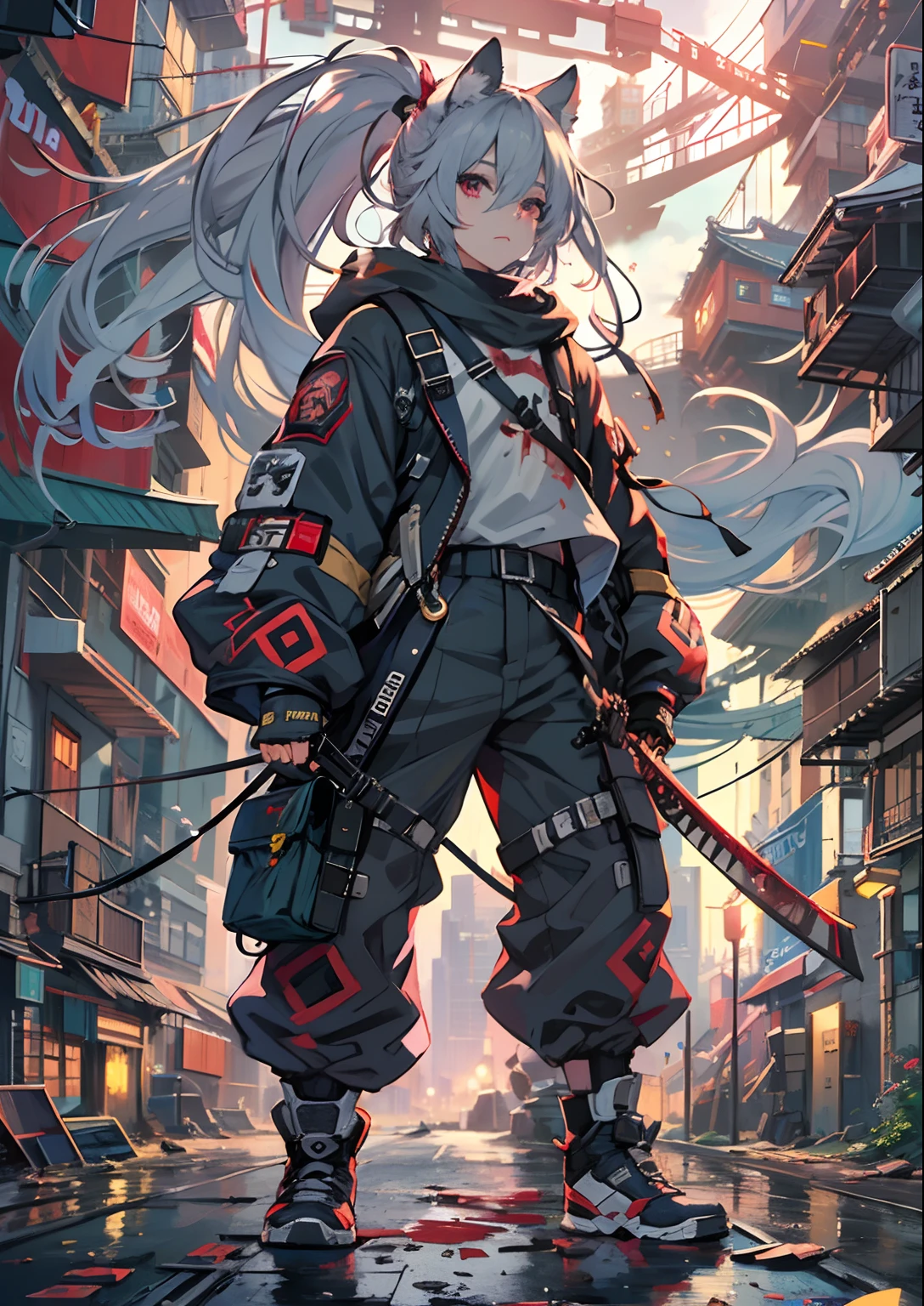 1boy,Man's ,Cyberpunk Boy、katanas,machine gun、Cat's ears、silber hair、poneyTail、Whole body bloody、The beginning of the adventure、Into the cloud、contrail、Chaotic city of the future、ruined and devastated city、Very complex Japan buildings、railroad crossing、Trees、Warm lighting、puddles、Chaotic landscape、Beautiful and fantastic scenery、Cinematic scenery、hightquality、masutepiece,8K、hight resolution、ultra-detailliert,