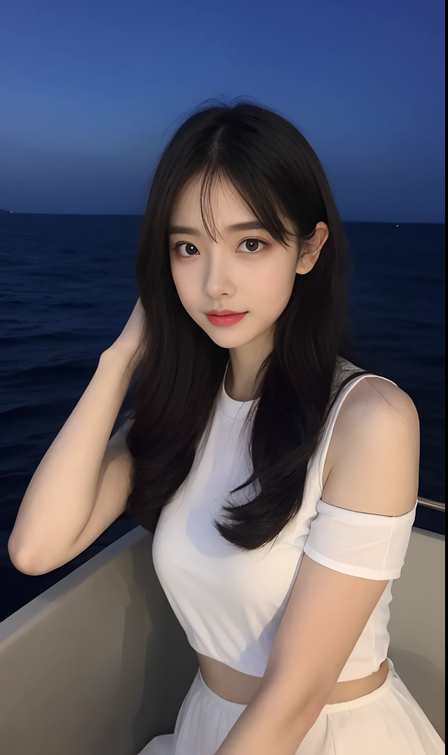 （Original photo of 8K，best qualtiy，tmasterpiece：1.2），（Medium view），the night，Night on a yacht，Sea and night view in the background，best qualtiy，tmasterpiece，（Small mouth：1.2），short- sleeved，short- sleeved，short- sleeved，short- sleeved，an extremely delicate and beautiful one，，astounding，finely detailled，tmasterpiece，Best quality at best，（age 22：1.2），Narrow waist，Slim，is shy，Pure，adolable，Bushy hair，Soft hair，big breasts beautiful，A detailed eye，（long whitr hair：1.2）