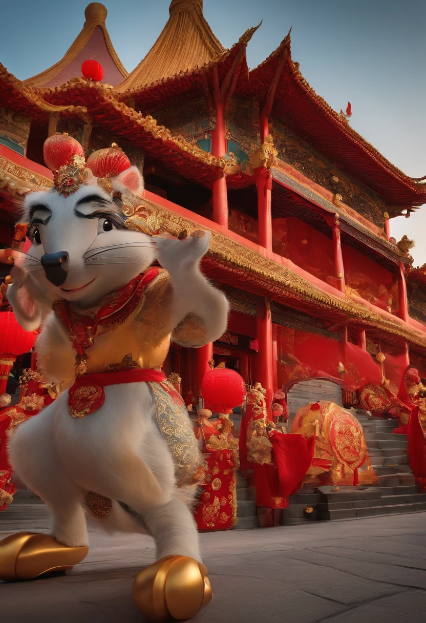 Chinese New Year,Rat,Big red,Cartoony,,There are decorations around,delight