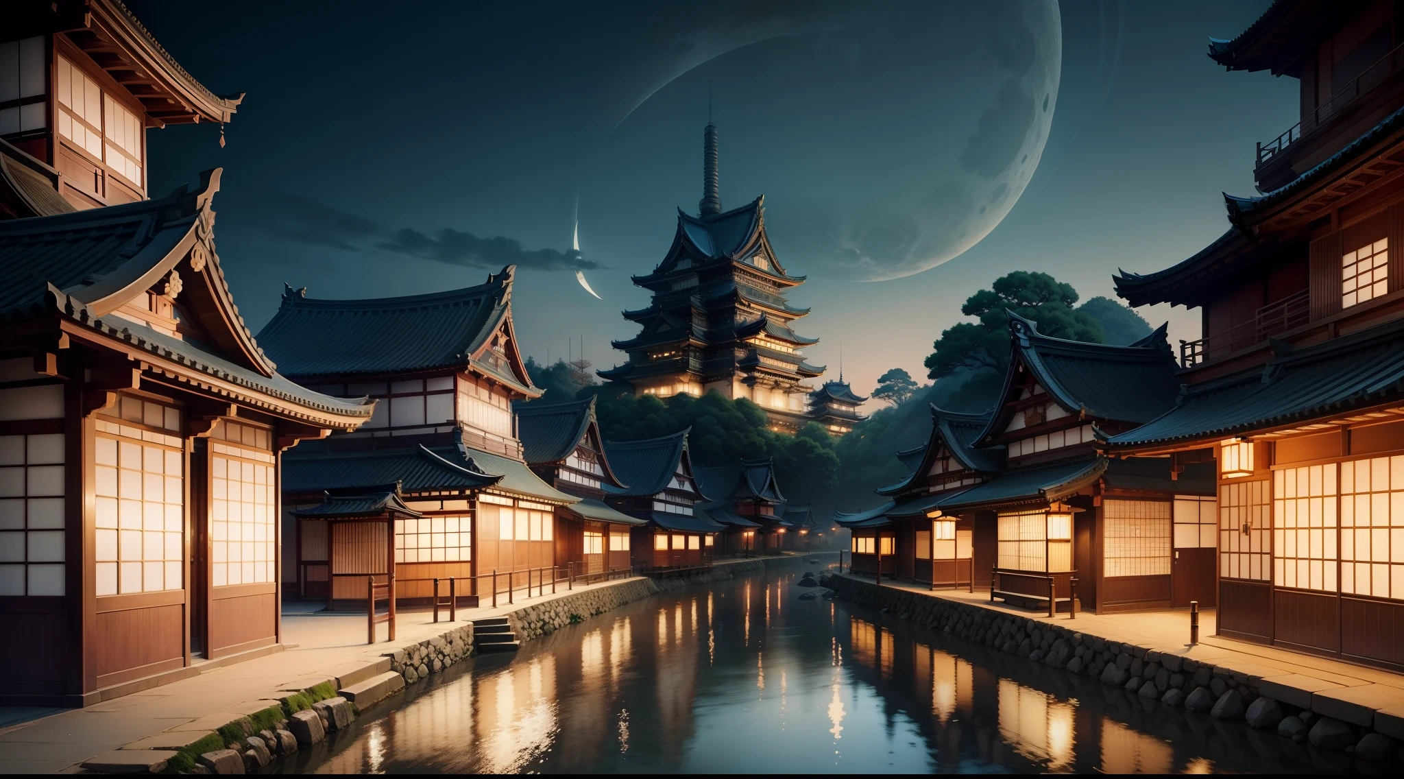City of the Moon、It's like Edo in Japan.、Slightly modern cityscape、A castle tower-like building in the middle、Beautiful city