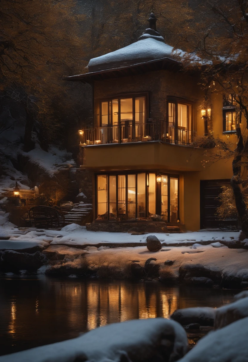 (ultra realista, intrincado, epic movie scene), (em um vilarejo com neve pouco movimentado), (luzes amarelas das casas acesas, View from above, Comforting aesthetics), (muitos pequenos detalhes, Amazing lighting, Amazing scenery), (colorido, ultra realista, alta qualidade, altamente detalhado, foco nítido, 8k UHD, ultra realismo)