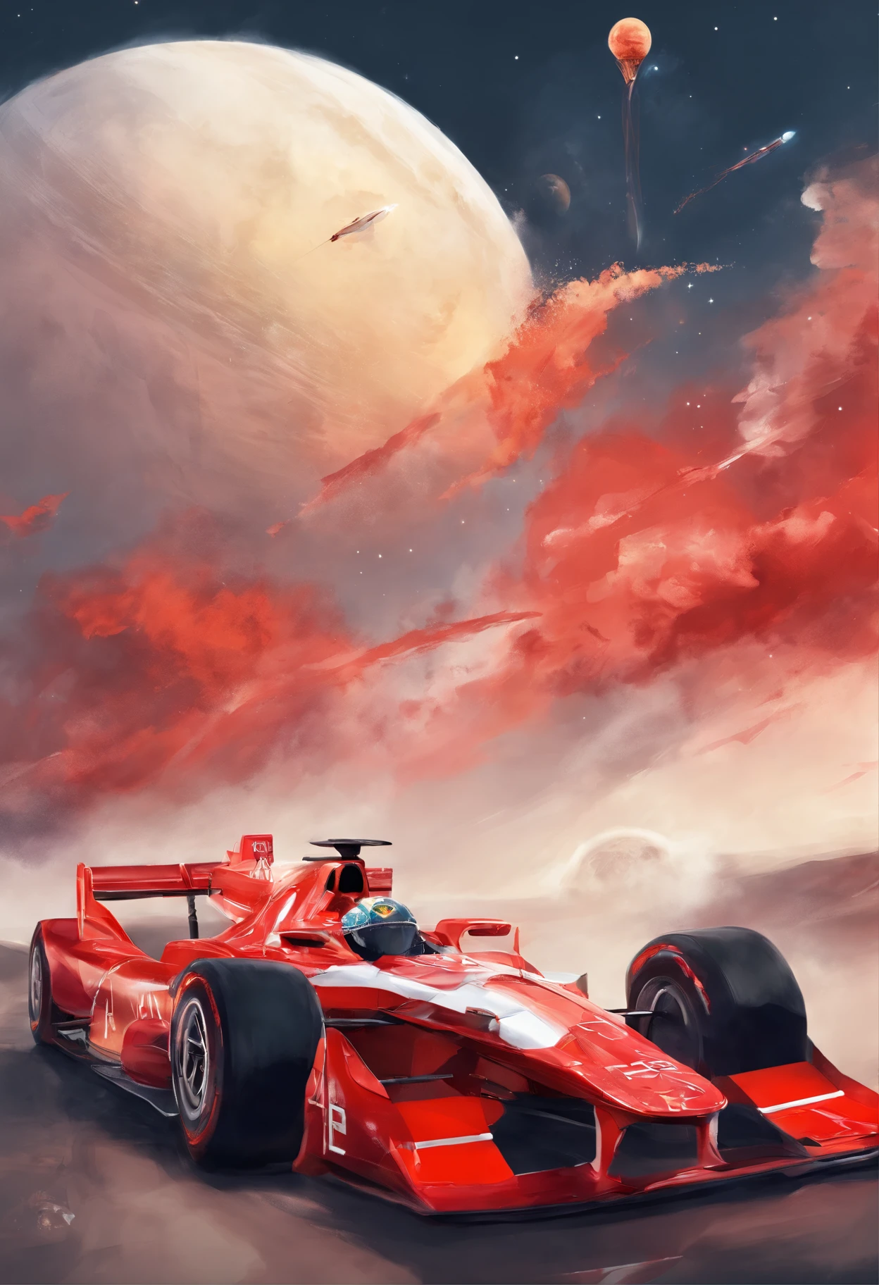 A red and white F1 car Chinese aerospace rocket F1 car co-branded F1 car surface has the words "China Aerospace" Clear font The background is a Chinese space rocket The surface of the rocket has the words "Feitian No. 1" The font is clear The overall atmosphere is majestic The font is clear