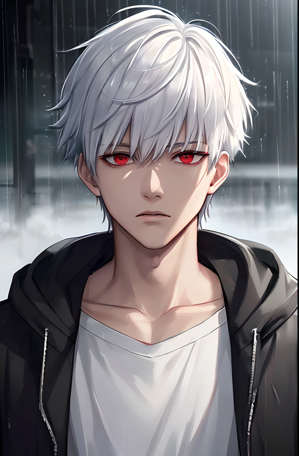 kk, best quality, more details, masterpiece, 1boy, kaneki ken, portrait, male focus, red eyes, solo, bangs, looking at viewer, short hair, rain, tokyo tokyo \(city\),  hood up, nail polish, white hair, luxurious, 8k, detailed, ray tracing, depth of field, cinematic lighting,
