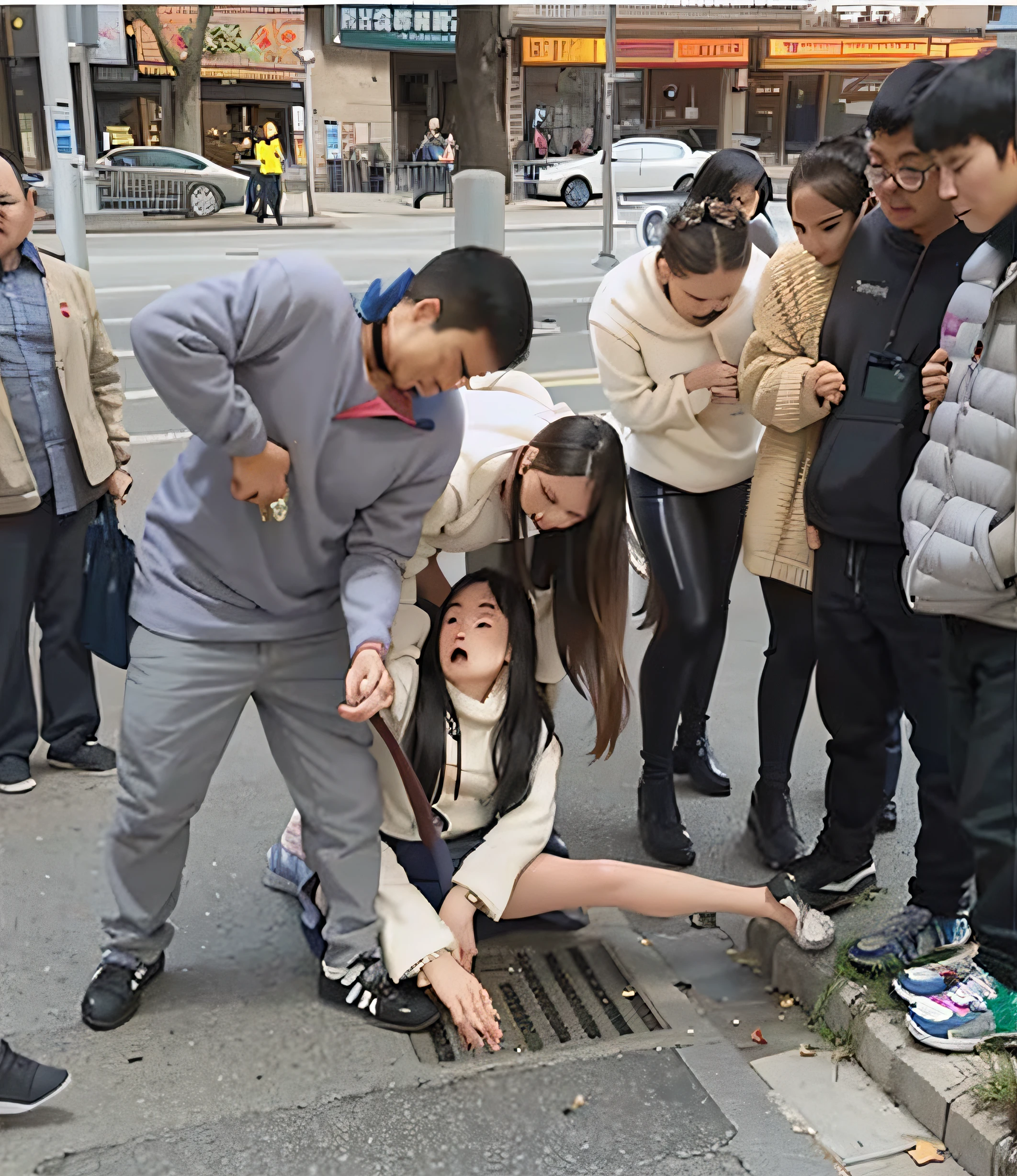 People stand around a man who is bent over, they are crouching, author：Master of Han Chinese, 9gag, viral photo, 💣 💥, Crawling on the ground, Caught, really funny, in city street, harsh, 🤬 🤮 💕 🎀, very funny, chinese artist, street life, very artistic poses, breaking statue of girl